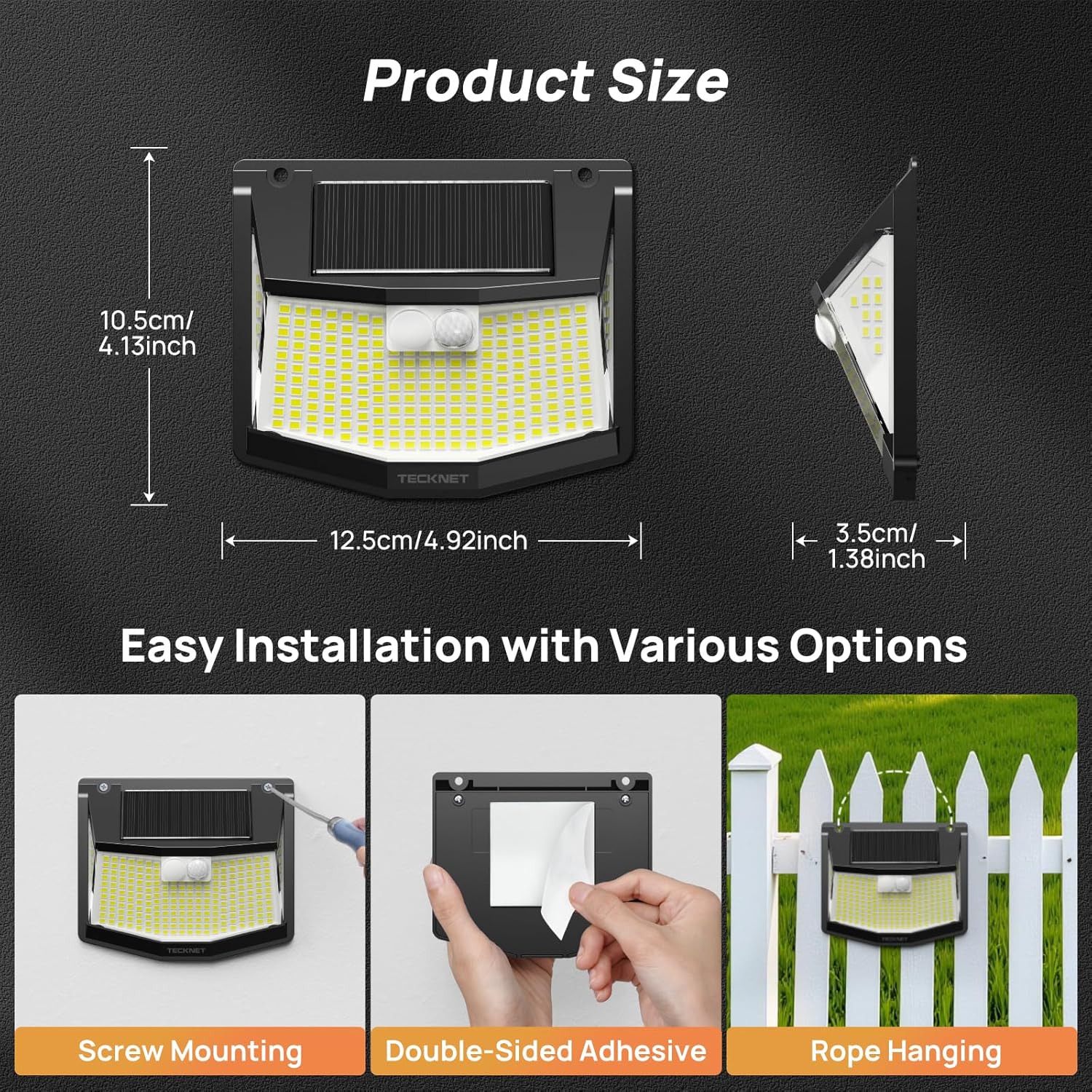 TECKNET 248 LED Outdoor Solar Lights & Motion Sensor 4 Pack, 300° Angle & 3 Lighting Modes Solar Lights Outdoor Waterproof, Solar Powered Security Flood Wall Lights IP66 for Outside/Yard Fence/Garden - Image 7