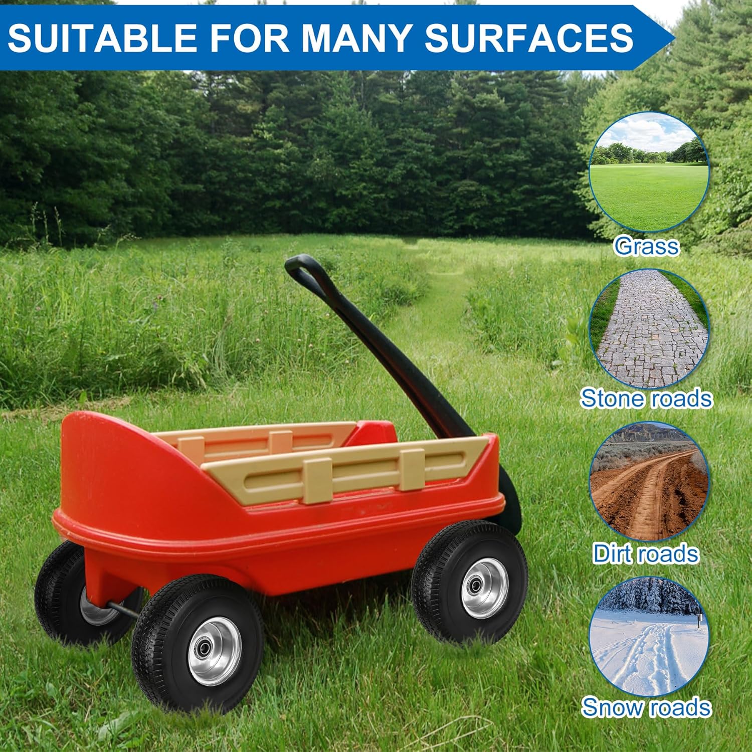 4.10/3.50-4" Flat Free Tires, 10 Inch Solid Tires and Wheels Replacement with 5/8" Axle Bore Hole, 2.2" Offset Hub for Hand Truck, Garden Cart, Lawn Cart, Wheelbarrow, 2 Pack - Image 6