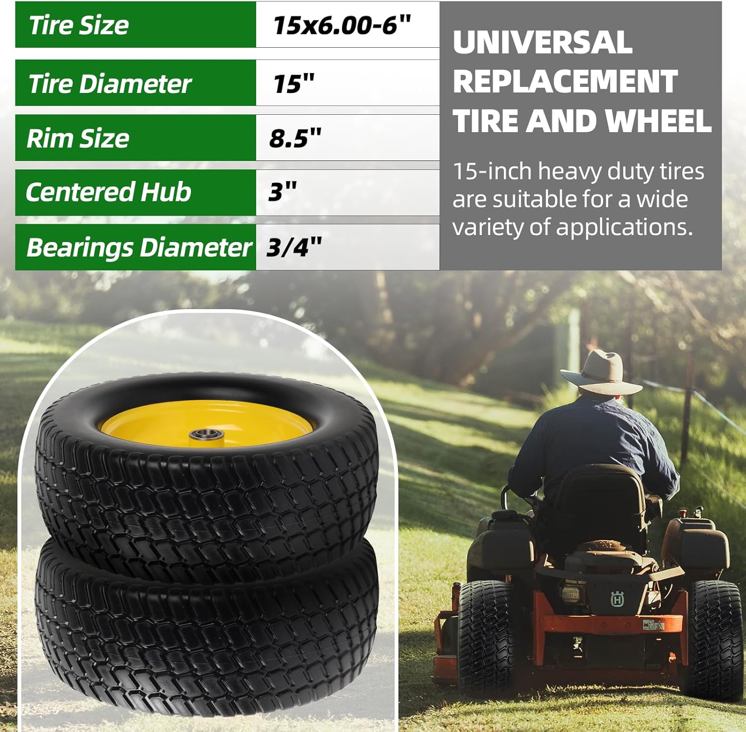 AR-PRO (2 Pack) 15x6.00-6 Flat Free Tire and Wheel, Solid Lawn Mower Front Tires with 3" Centered Hub, 3/4" & 5/8" Bearings & 1" Bushings, Compatible with John Deere Riding Mower Lawn Tractor - Image 2