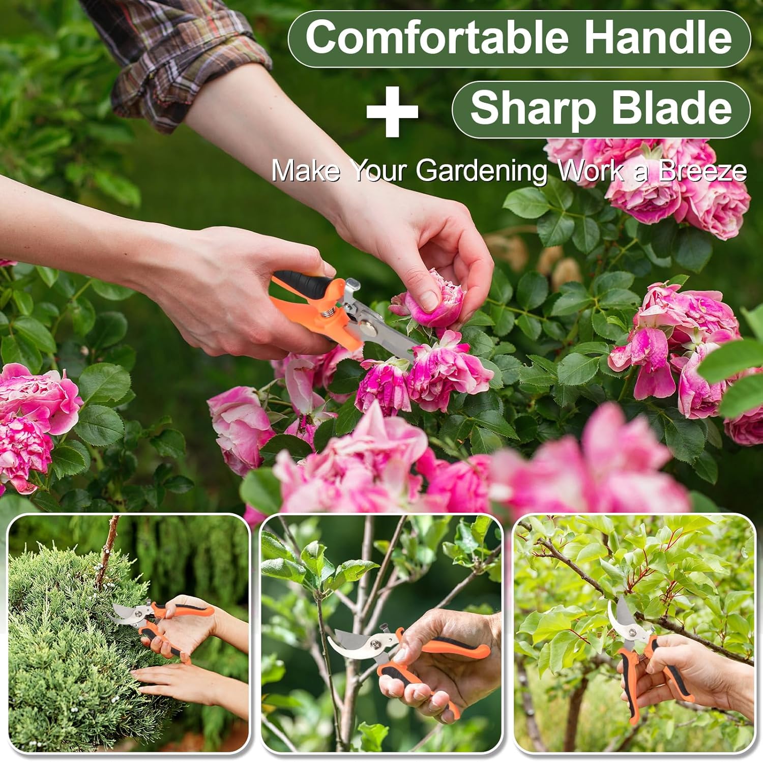 Pruning Shear, Premium Gardening Scissors for Rose Bushes, 7.5IN Garden Pruner Effortlessly Cuts 0.6IN Branches with Stainless Steel Blades Softgrip, One-Hand Lock Garden Clippers for Shrubs - Image 6