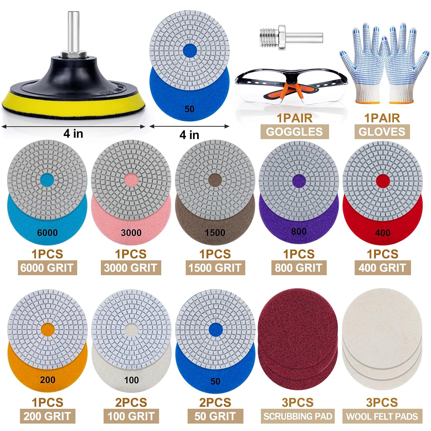 VISCOO 20 Pack 4 Inch Diamond Polishing Pads, Granite Polishing Pads Kit with 5/8''-11 Backer Pad, 50-6000 Grit Wet/Dry Polishing Pads for Marble, Concrete, Quartz, Stone, Tile with Wool Felt Pads - Image 6