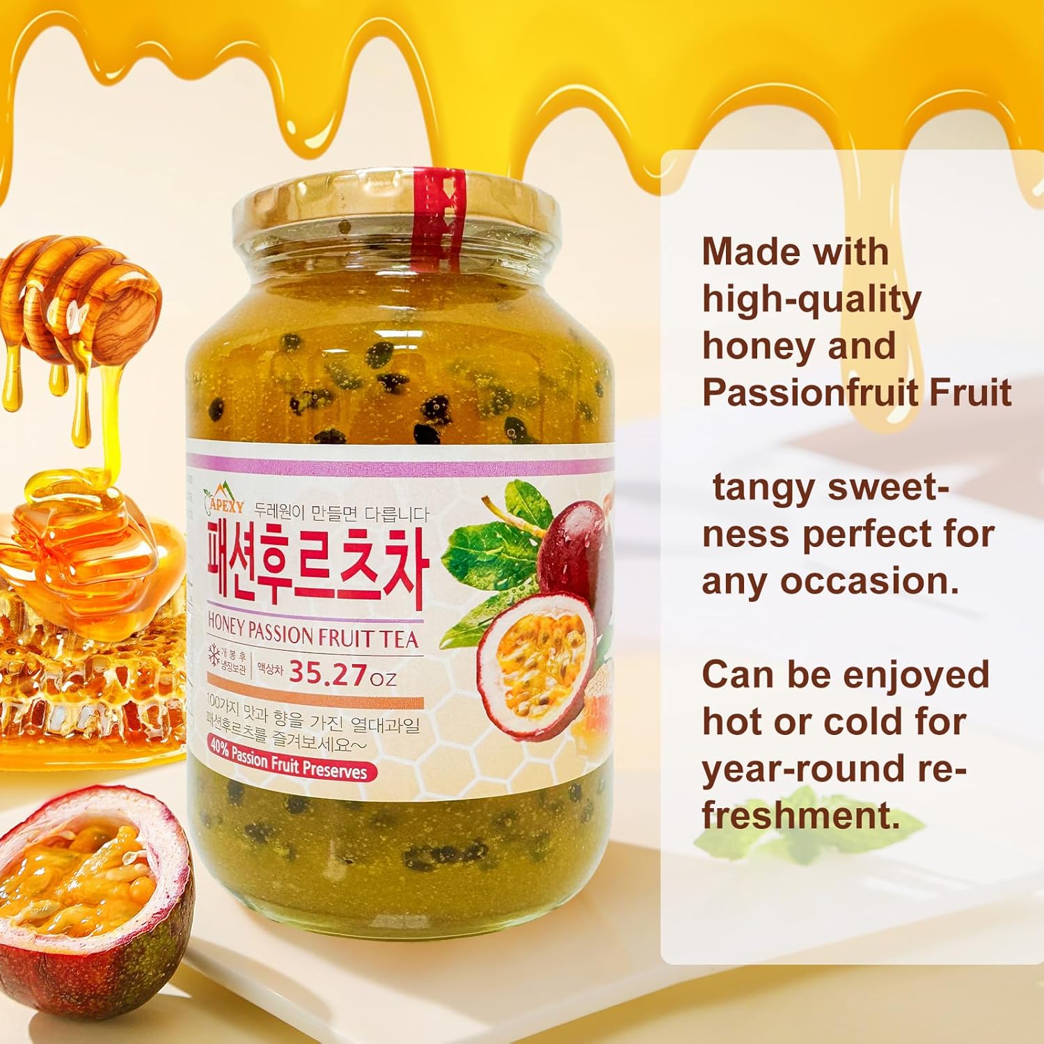 Apexy Authentic Korean Honey Passion Fruit Tea, Passionfruit Puree , Just Add Hot Water, Gourment Blend for Smoothies, Cocktails Desserts and Spread, No Artificial Colors, Versatile and Natural Delight, Made in KOREA 35.27oz (1kg). (Honey Passion Fruit) - Image 4