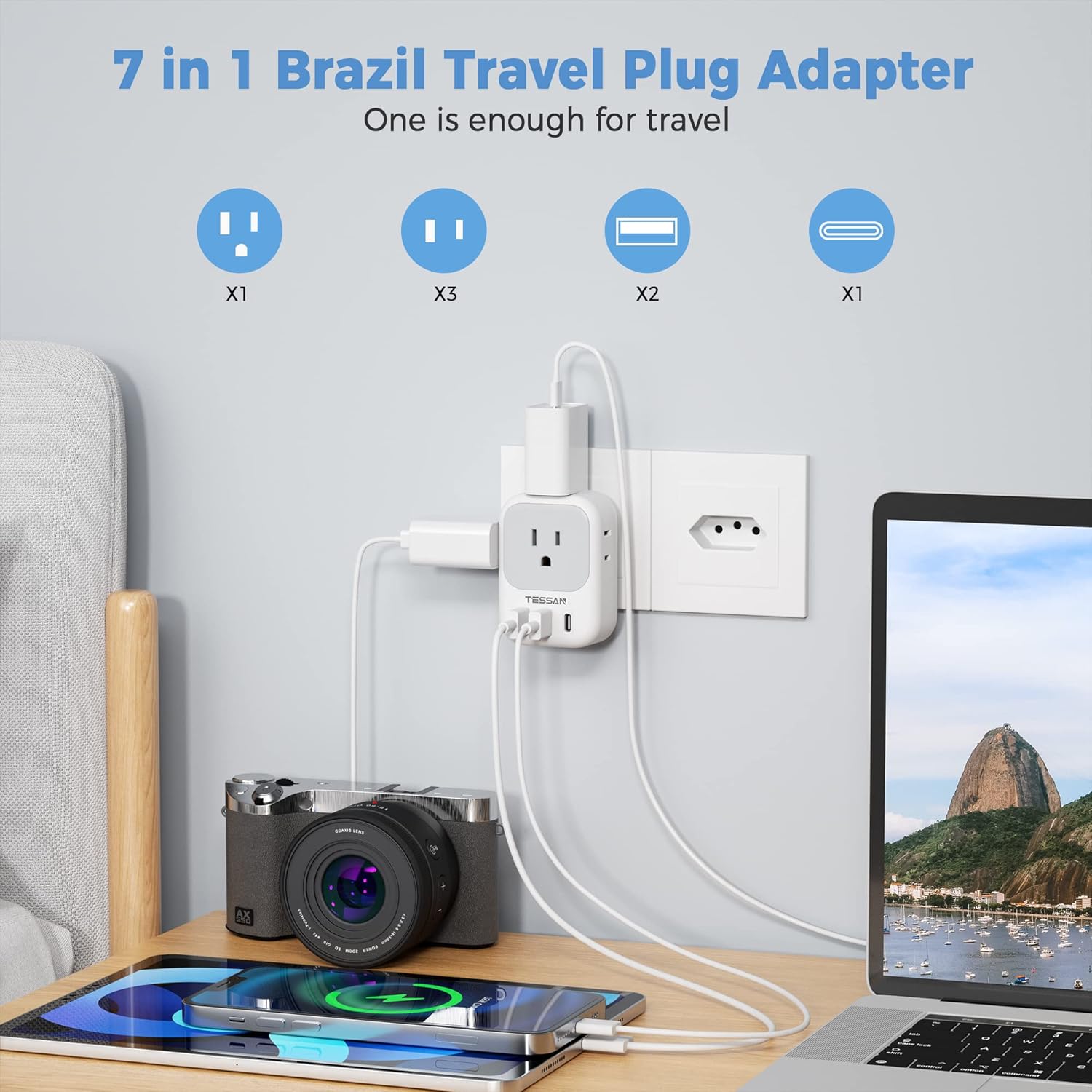 TESSAN Brazil Power Adapter, US to Brazil Travel Plug with 4 American Outlets 3 USB Charger (1 USB C Port), Type N Adaptor for USA to Brazilian Brasil - Image 2