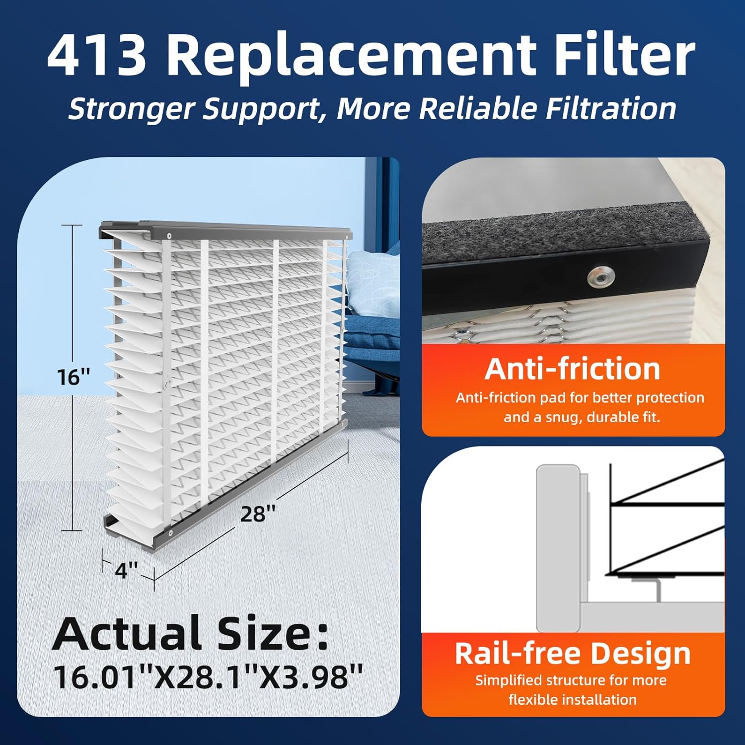 413 Replacement Air Filter, MERV 13,Actual Size: 16"x28"x4", Nominal Size: 16x25x4, HVAC Furnace Filter, Compatible with AprilAire Models 4400, 3413, 2416, 2413, 1610, 1413, 1 Pack - Image 3