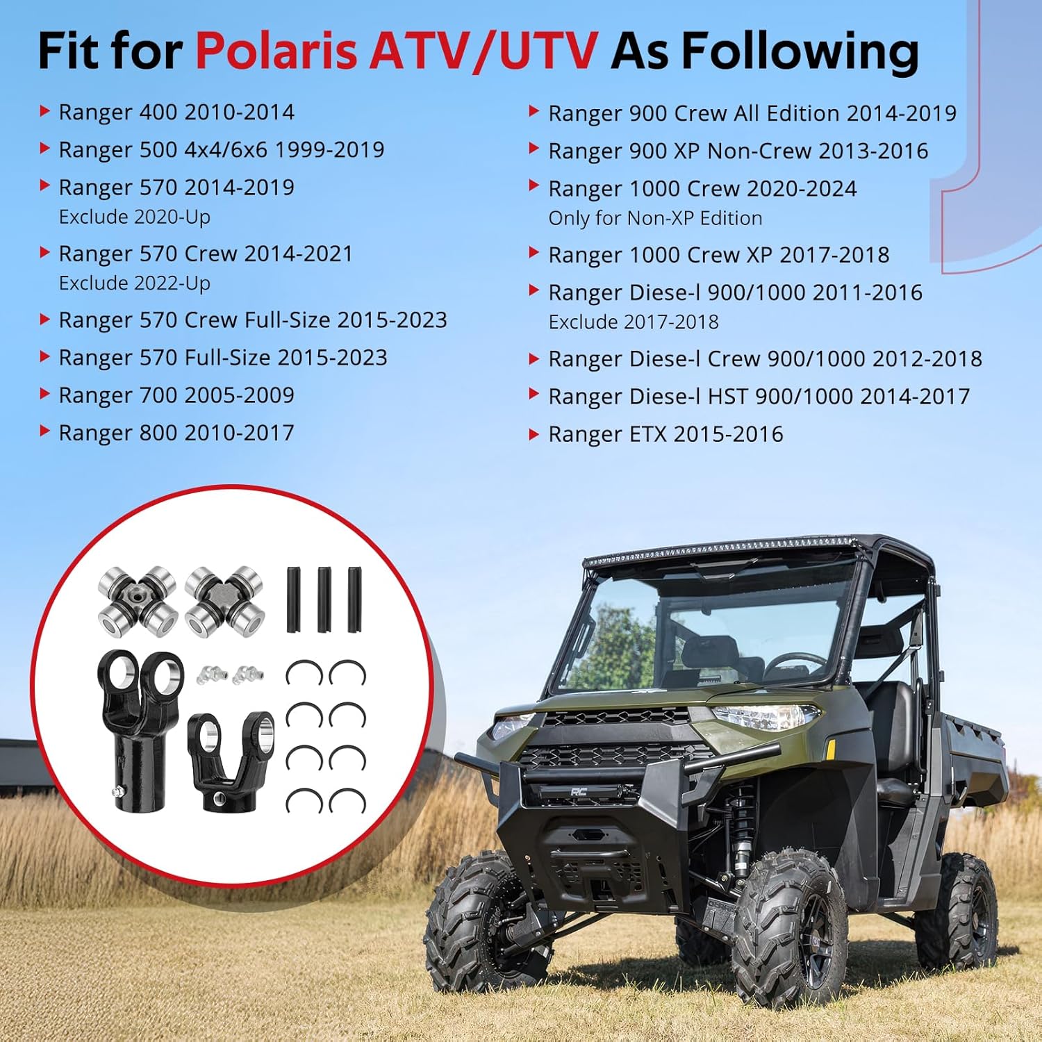 JAVIK Front Prop Shaft Yoke & U-Joint (2 Side) for Polaris Ranger 400 500 570 700 800 900 1000 Diesel HST ETX - Image 2
