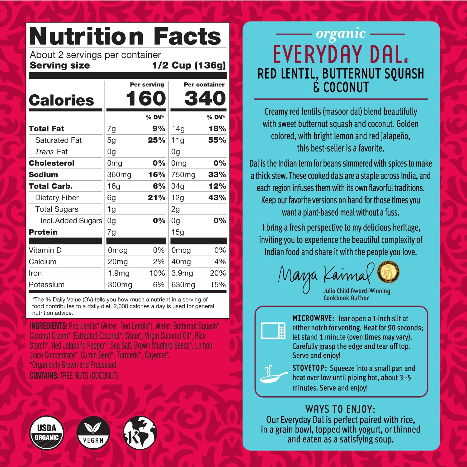 Maya Kaimal Organic Indian Foods | Red Lentil Everyday Dal | 10oz (PACK of 12) | Microwaveable, Ready to Eat, Fully Cooked with Butternut Squash and Coconut | Vegan, Ready to Eat - Image 2