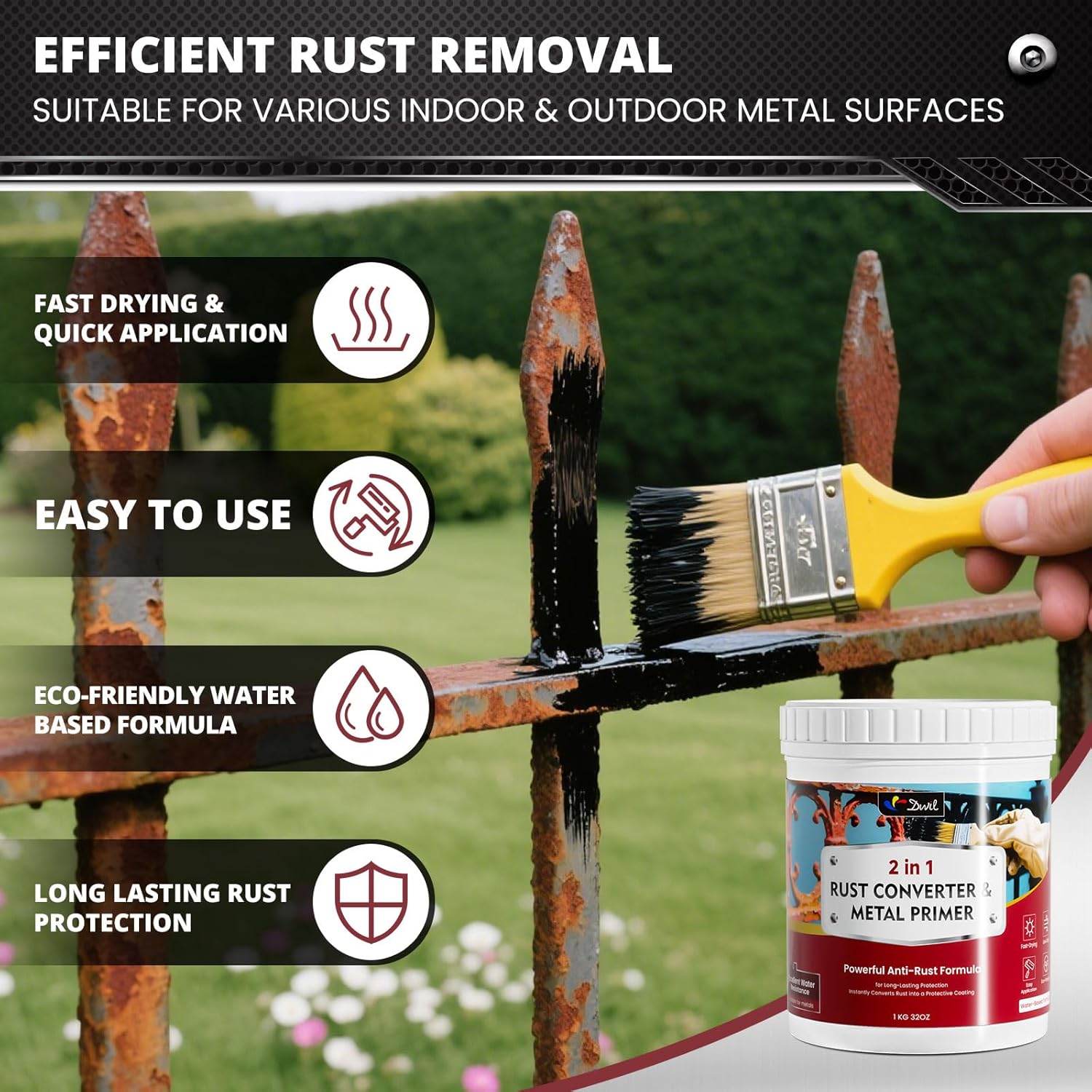 DWIL Rust Converter for Metal, 2 in 1 High-Flow Fluidity Metal Paint, Converts Rust to Long-Lasting Protective Coating, Anti Rust and Rust Prevention Paint, No Primer Needed, Black, 16 oz - Image 6