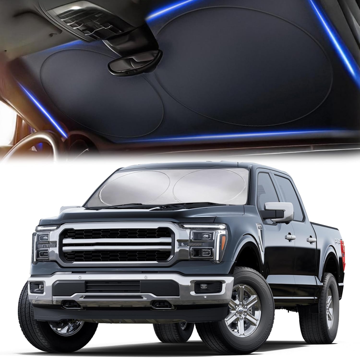 Autovir Truck Windshield Sun Shade Foldable – 280T Thickened Sun Shield, UV Ray Blocker, Automotive Sun Protection Privacy Curtains, Keeps car Interior Cool, Truck Accessories, Fit for SUV