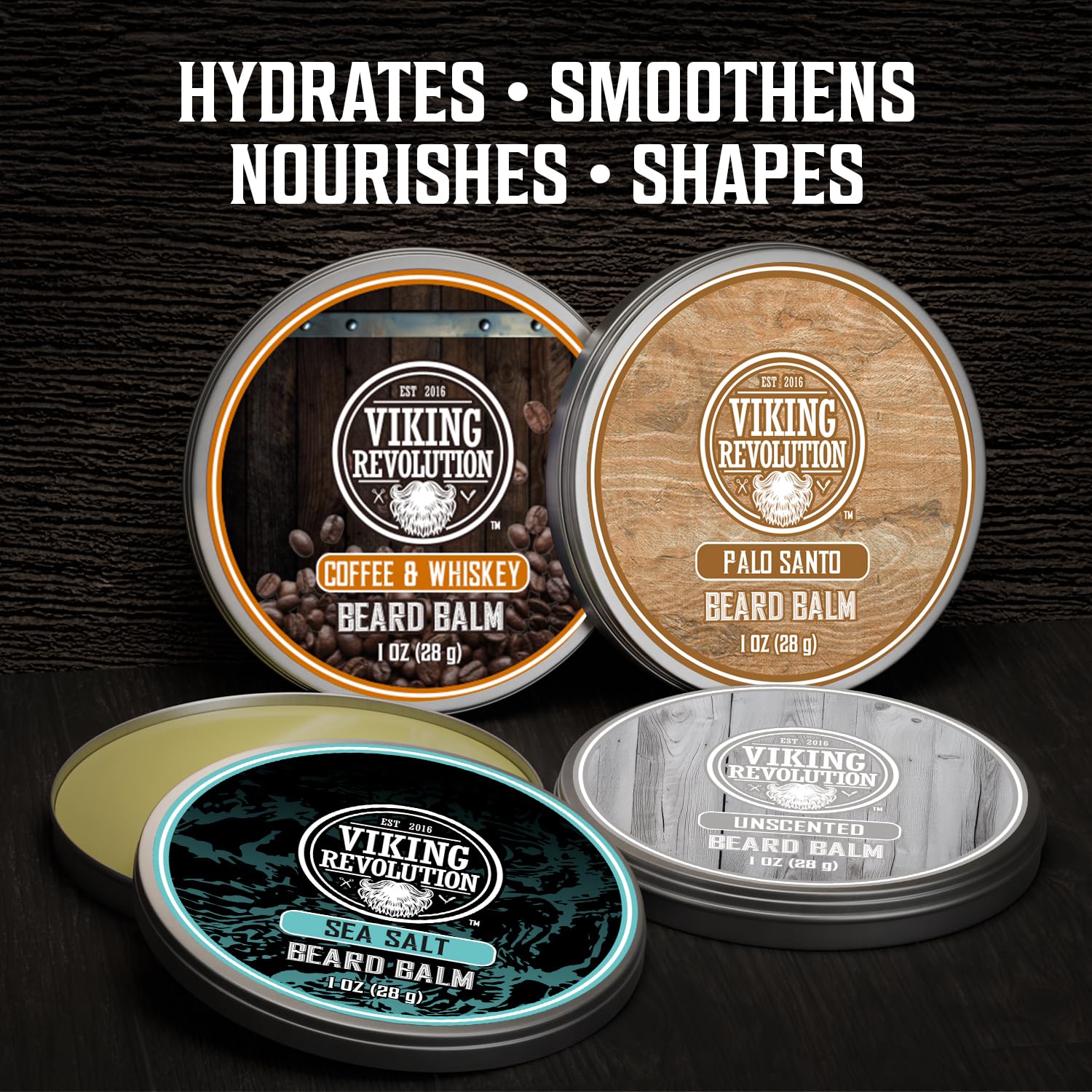 Viking Revolution 4 Beard Balm Variety Pack (1oz Each) – Coffee & Whiskey, Palo Santo, Sea Salt and Unscented – Styles, Strengthens & Softens Beards & Mustaches – Leave-In Conditioner Wax for Men - Image 2