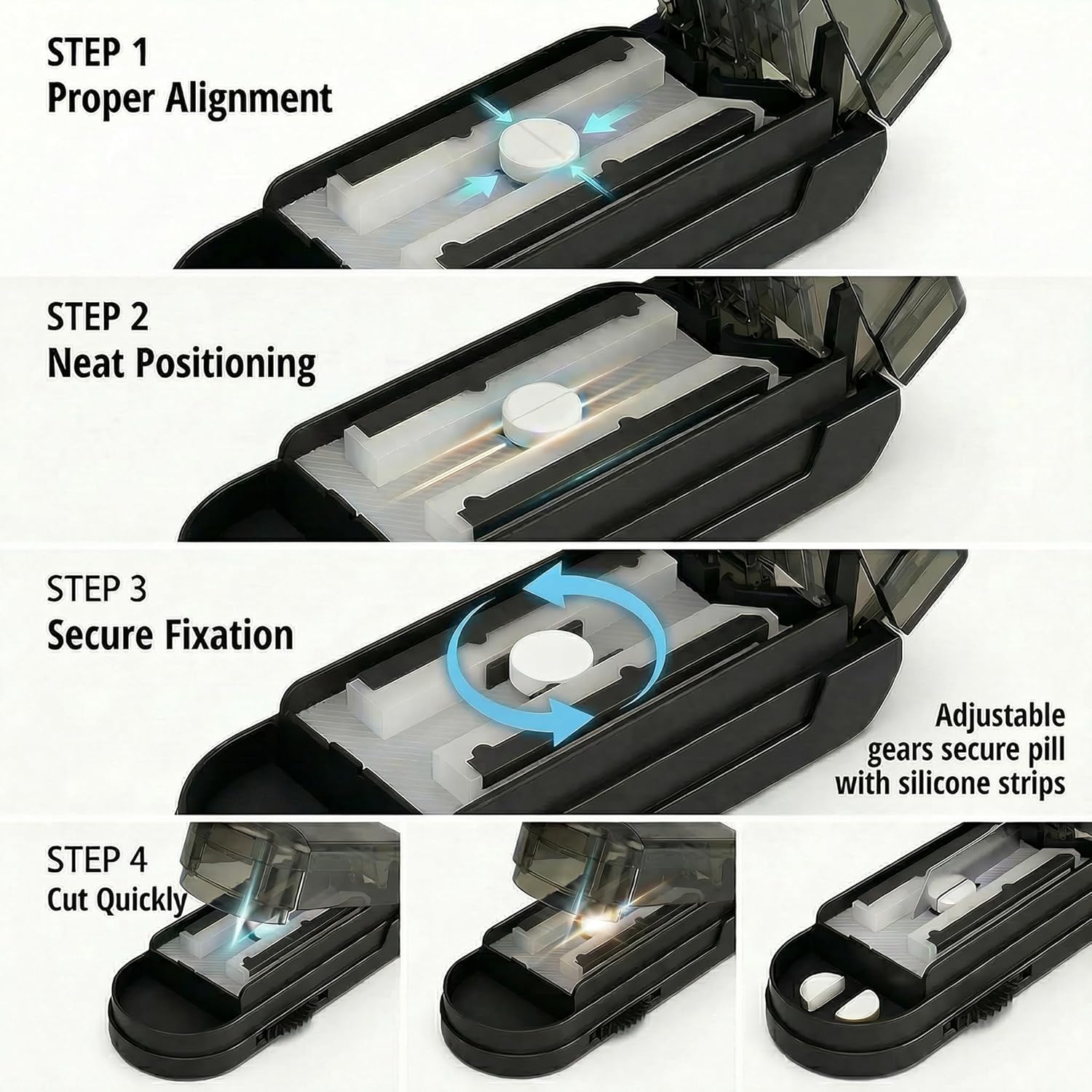 ONE PIX Multiple Pill Cutter Splitter for Small and Tiny Pills, Accurate 1/2 Tablet Splitter with Adjustable Bars & Hidden Blade, Safely Cuts Large Medication for Seniors & Pets, Grey - Image 9