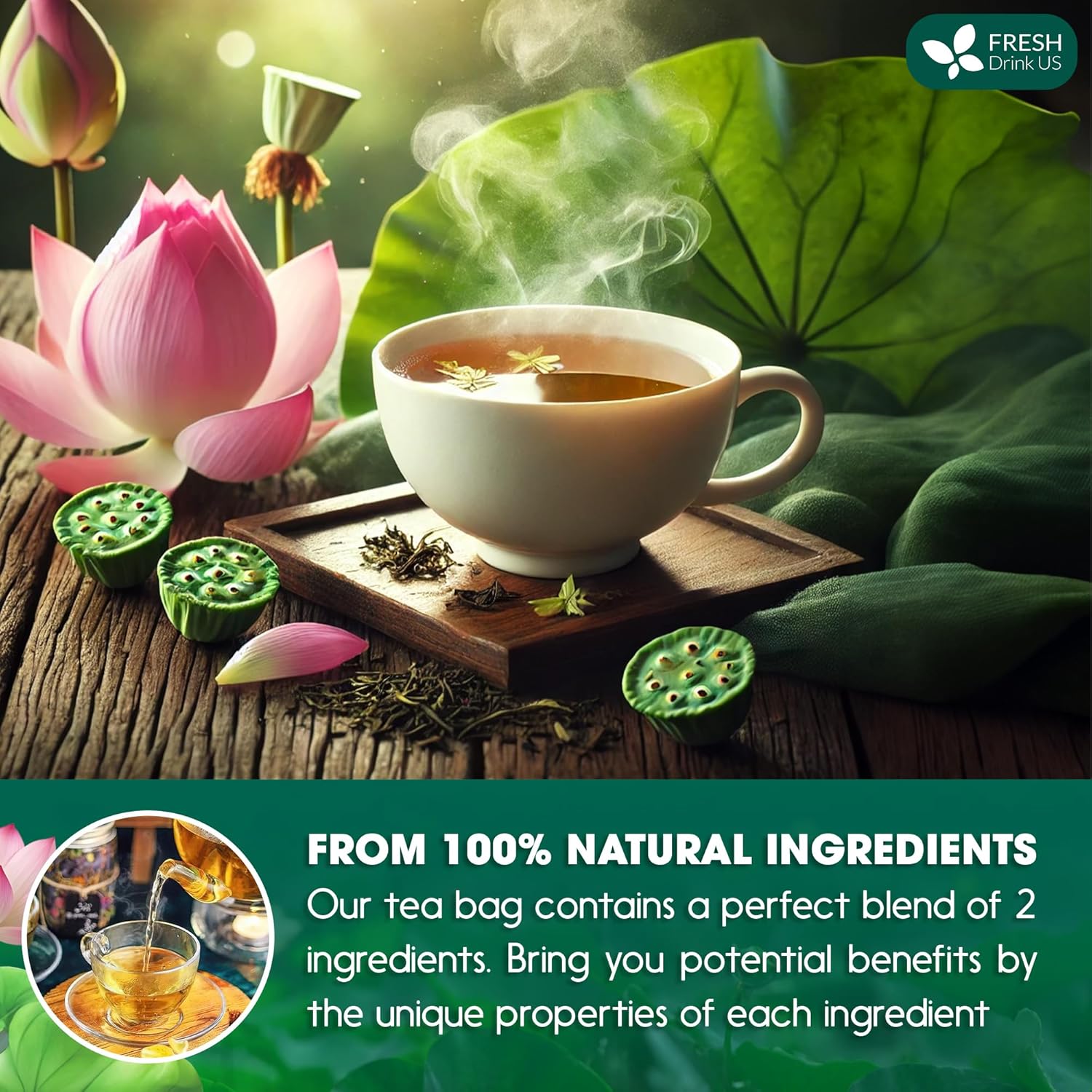 FreshDrinkUS, Premium 20 Tea Bags of Lotus Green Tea, 100% Natural. Exquisite Flavor, Handpicked Leaves, Perfect for Tea Lovers. No Sugar, No Gluten, Vegan. - Image 5
