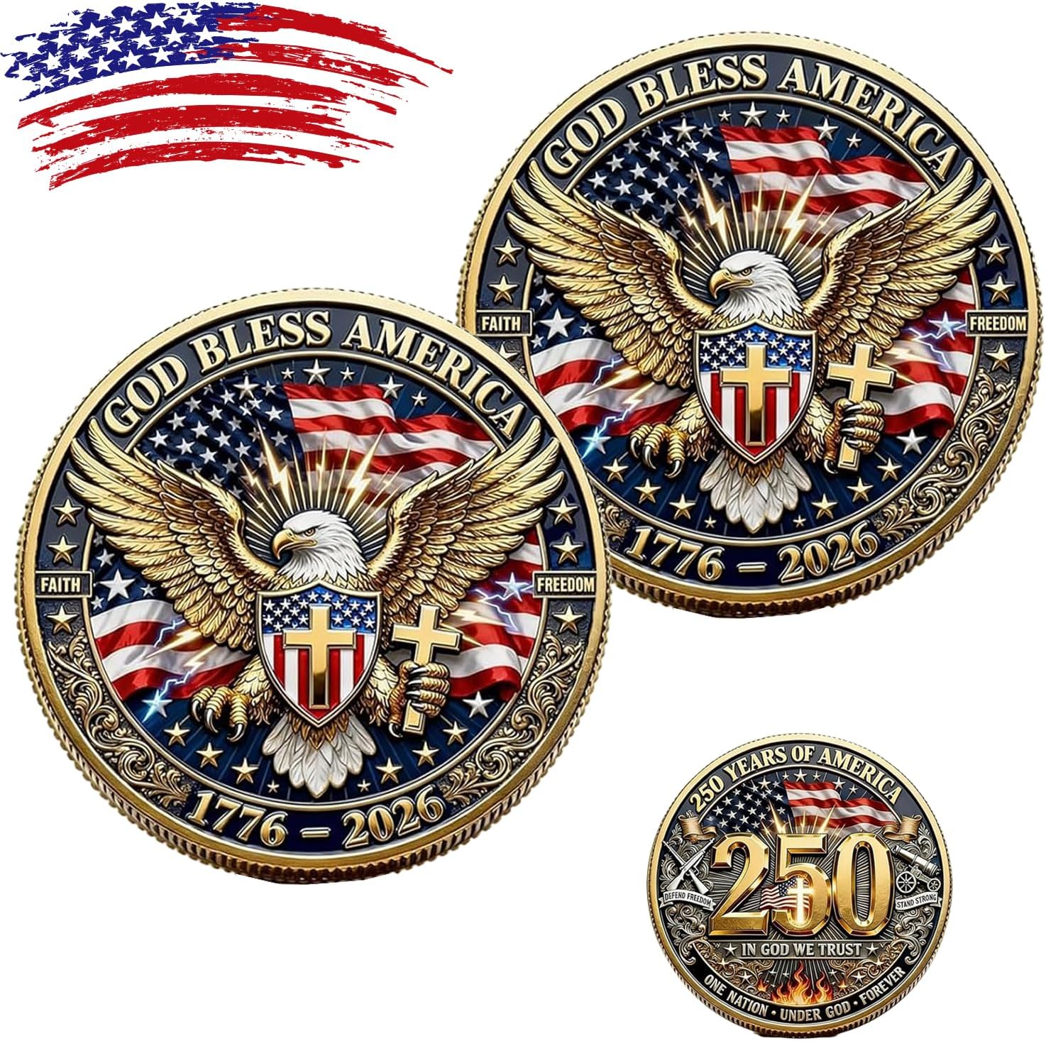 2 Pack 250th Anniversary USA Commemorative Coin, 250th US Independence Anniversary Challenge Coin - 1776-2026, 250 Year American AnniversaryCoins Gift (in God We Trust)