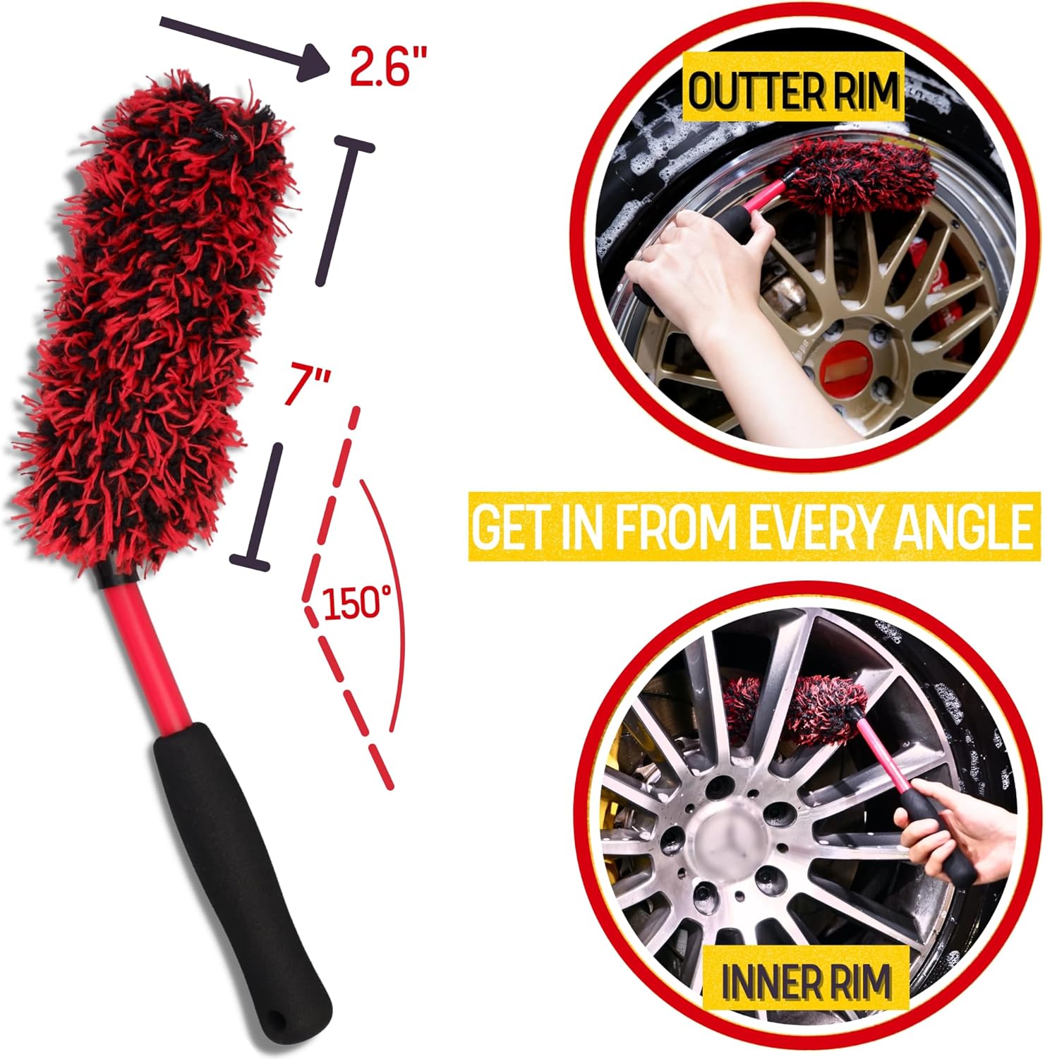 oesee Metal Free Microfiber Wheel Brush Kit- Microfiber Angled Wheel Brush, Long Handle Wheel Brush, Tire& Detailing Brush, Wheel Wash Mitt. Hands-On Wheel Detailing Kit for Daily Wheel Cleaning - Image 4