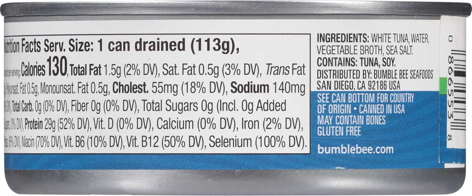 Bumble Bee Low Sodium Solid White Albacore Tuna in Water, 5 oz Can (Pack of 12) - Wild Caught Tuna - 29g Protein per Serving, High in Omega-3s - Non-GMO Project Verified, Gluten Free, Kosher - Image 2