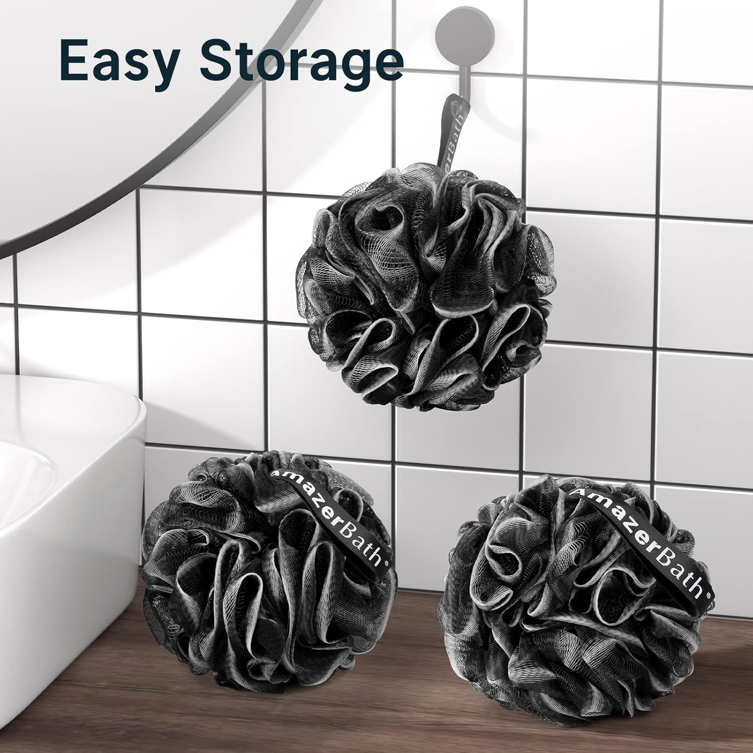 AmazerBath Loofah Sponge, Shower Loofah for Men and Women - Body Scrubber Loofa Set of 3 Classic Black & White Edge, Bath Sponge 60g/PCS - Image 8