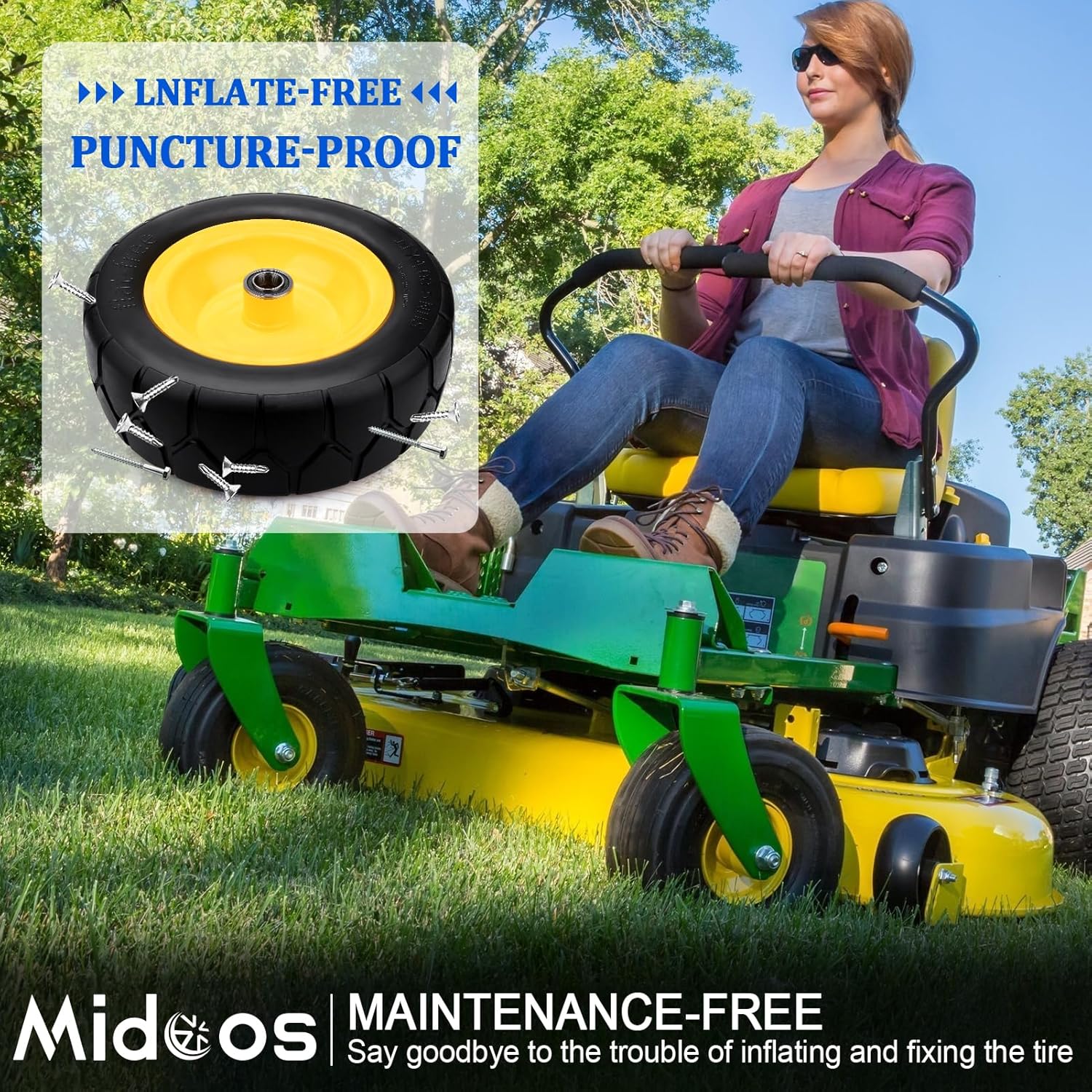 11x4.00-5'' Lawn Mower Tires Flat Free, 11x4-5 Solid Tires and Wheel, Zero Turn Mower Front Tires with 3/4" or 5/8" & 1/2" Precision bearings, 3.4"-5.6" Centered Hub for Zero-Turn Lawn Mower (2 Pack) - Image 7