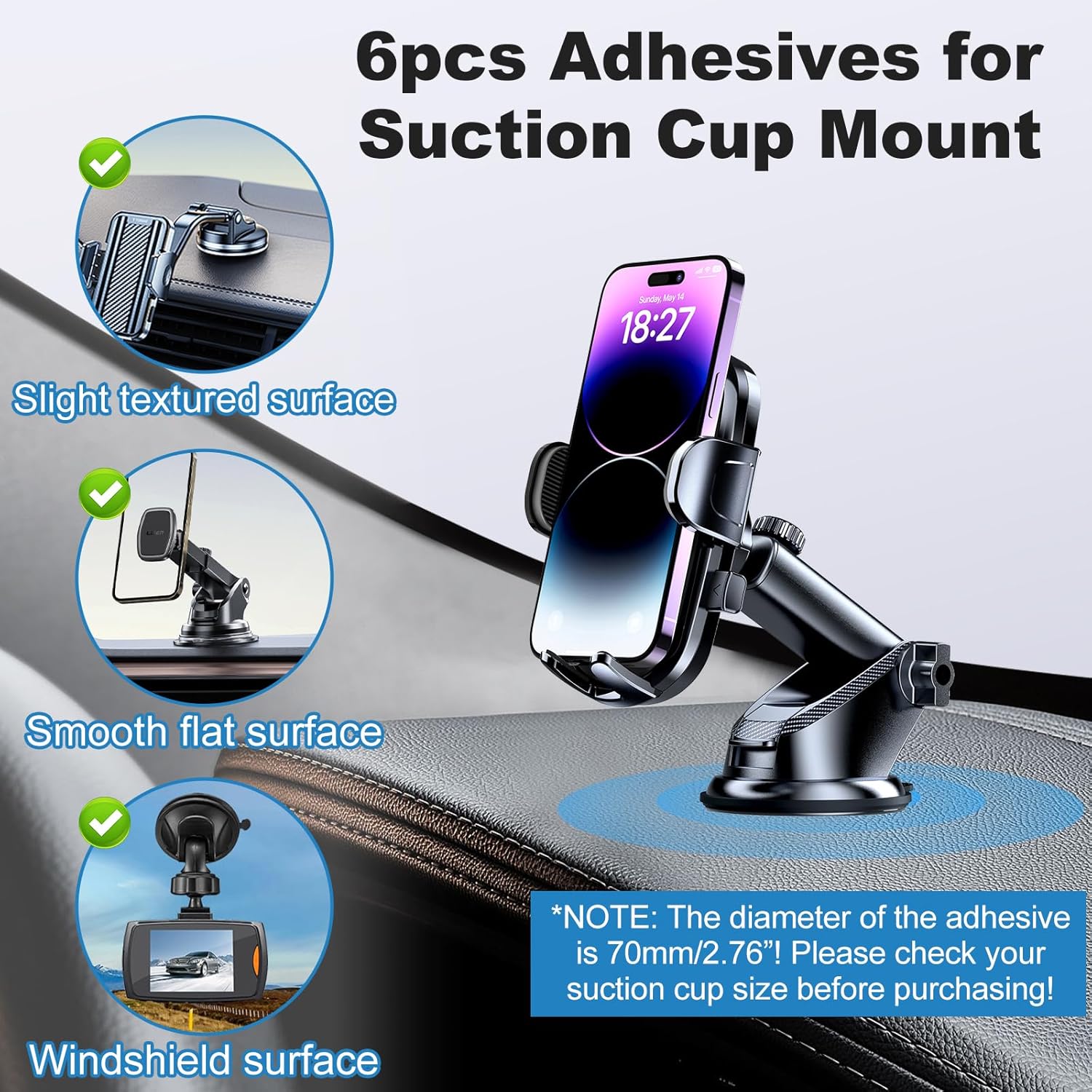 Sticky Pads for Car Phone Mount, 6pcs 2.76"(70mm) Heavy Duty Adhesive for Dashboard/Windshield Cellphone Holder Suction Cup Base, Double-Sided Mounting Circle Tape Replacement for Dash Cam/Camera/GPS - Image 2
