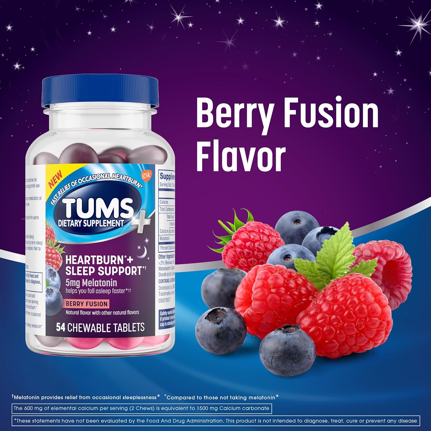 TUMS Heartburn Plus Sleep Support Chewable Dietary Supplement Tablets for Occasional Heartburn Relief Plus Sleep Support, Berry Fusion - 54 Count - Image 6