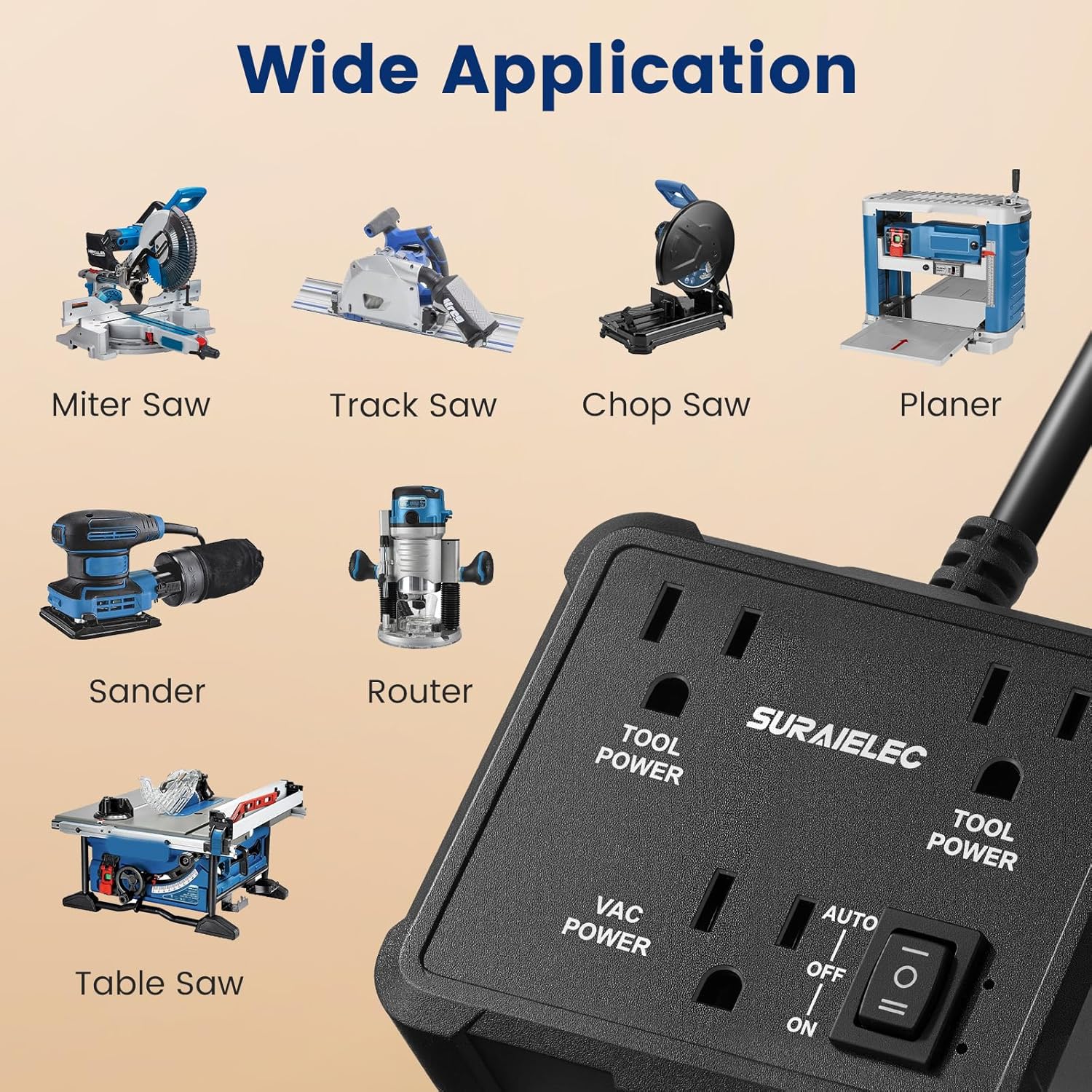 SURAIELEC Automatic Vacuum Switch for 2 Power Tools, Auto/On/Off Mode, Delay Shut Off Shop Vac, 125V/15A/1875W, Ideal for Dust Collectors, Workshops Garages, Table Saw, Sander, Miter Saw - Image 7
