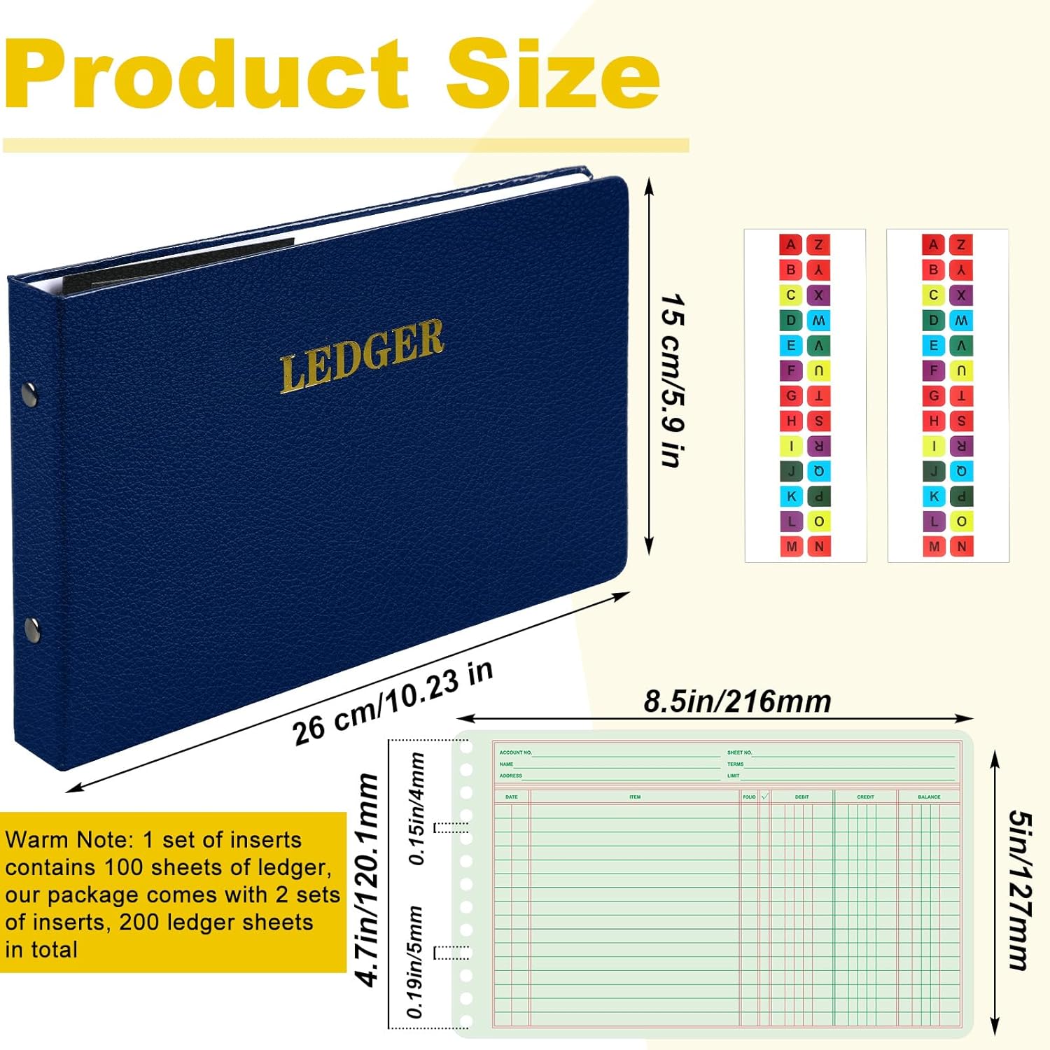 Skyygemm Ring Ledger Binder with 200 Pcs 5"x8.5" Ledger Sheets Small Index Tabs for Bookkeeping Accounting Business with Debit Credit Balance Columns(Blue Cover, Yellow Sheets) - Image 2