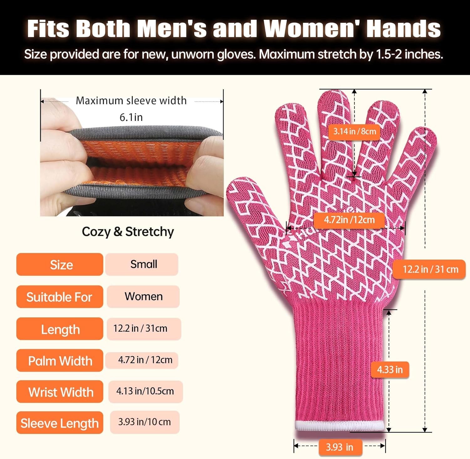 HandLove Aramid Heat Resistant BBQ Gloves – Grilling & Oven Gloves with Fingers, Silicone Grip & Long Cuffs for Cooking, Baking, and Outdoor Barbecue – Pink, Small - Image 3