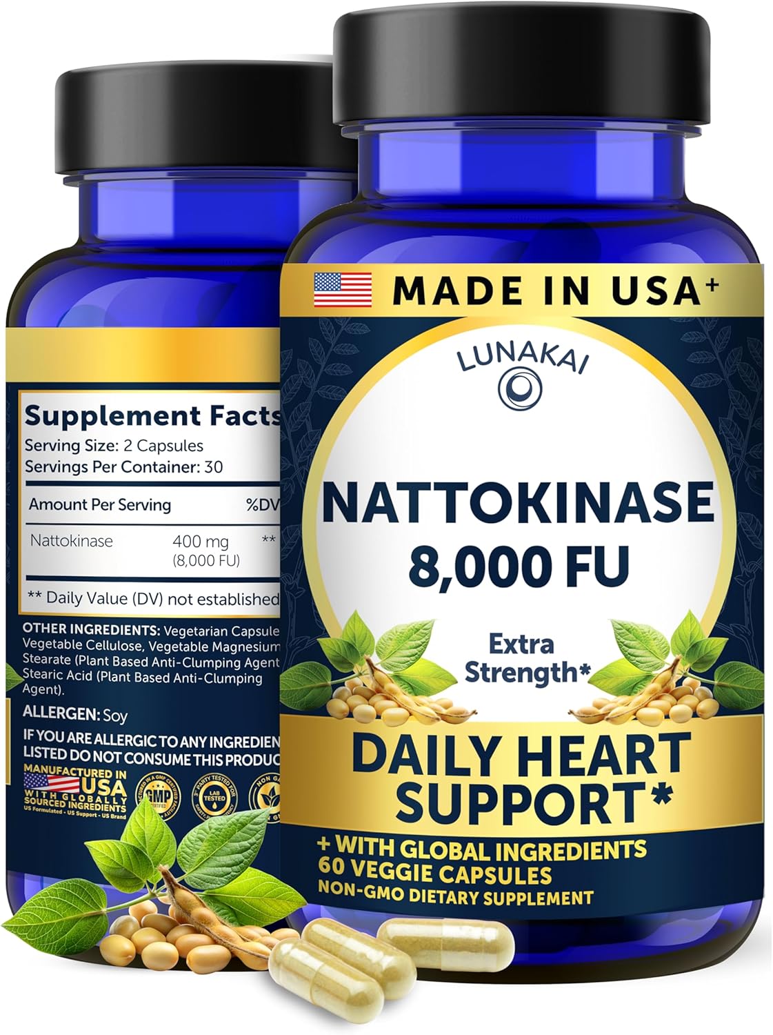 Lunakai USA Made Nattokinase Supplement – 400mg Natto Enzyme, 8000 FU per Serving – Heart & Circulation Support – Non-GMO, 60ct, 4000 FU Capsule