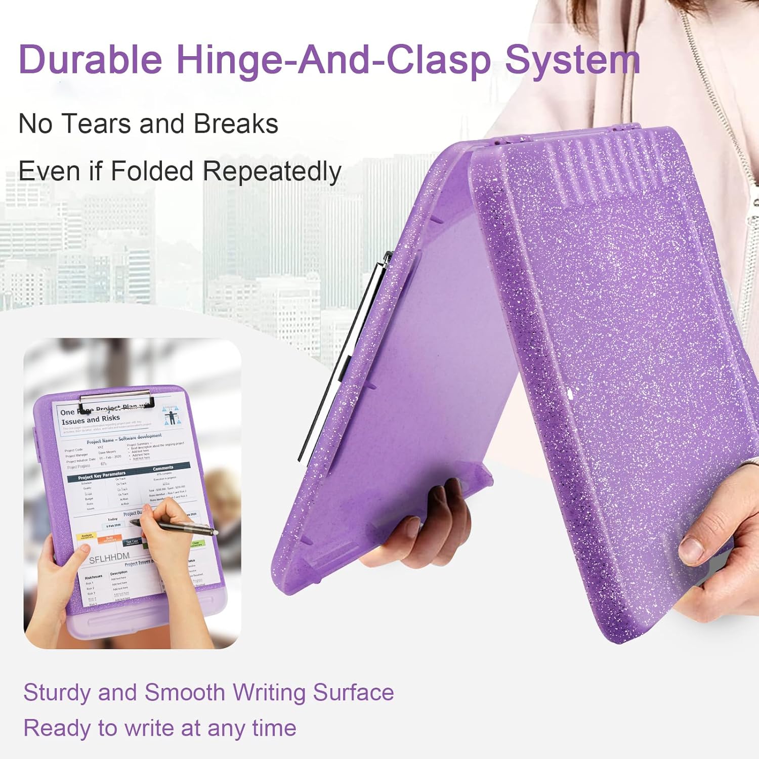 Glitter Clipboard with Storage,Storage Clipboard with Pen Holder,A4 Binder Clip Boards 8.5x11 with Low Profile Clip,Side Opening Sparkle Clipboards, Clipboards Folder for Office Supplies-Pale Purple - Image 4