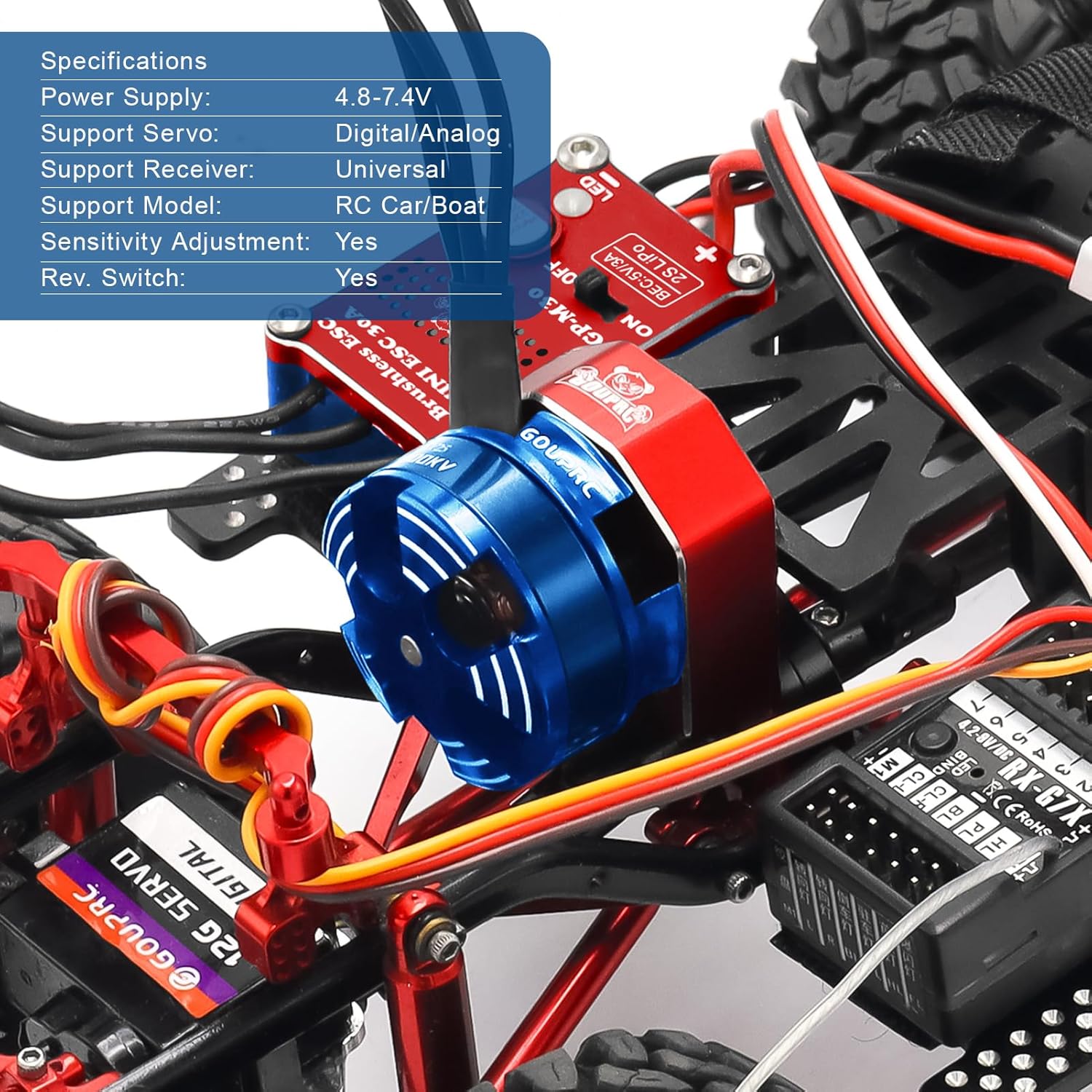 GOUPRC 30A Brushless Mini ESC & 2204 2400KV Brushless Outrunner Motor with Transmission Combo Kit for SCX24 Axial 1/24 RC Crawler Car Truck Blue Red - Image 3