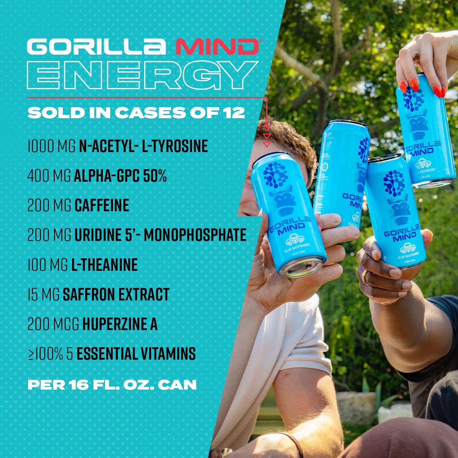 Gorilla Mind Energy Drink | Unmatched Energy · Amplified Focus | N-Acetyl-L-Tyrosine, Alpha-GPC, 200mg Caffeine, Uridine, Saffron | 0 Sugar Or Artificial Colors | 16oz, 12-Pack (Wild Grape) - Image 5