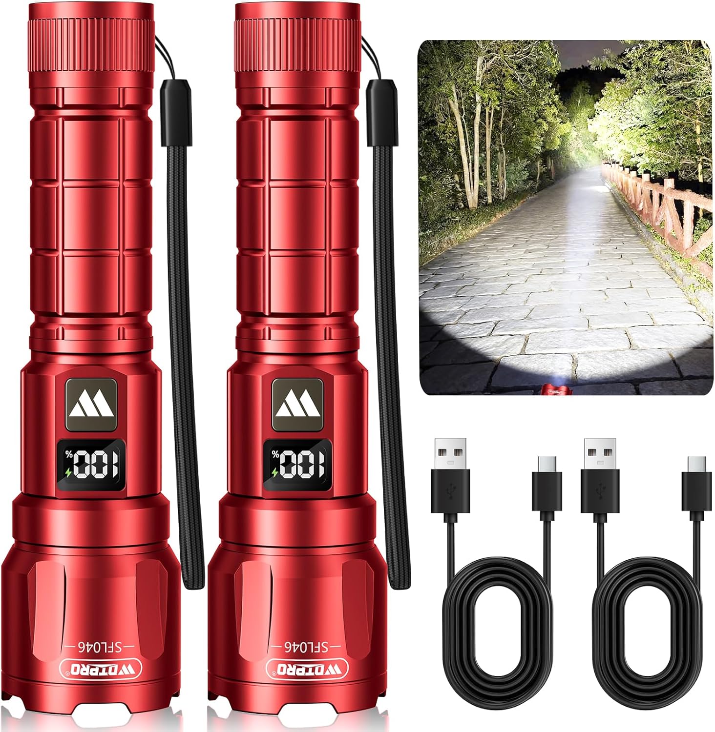 WdtPro LED Rechargeable Flashlight 2 Pack, 3 Modes Super Bright High Lumens Flashlights, Zoomable Tactical Flash Light with LCD Display, IP65 Waterproof Flashlights for Home Emergency Camping - Red