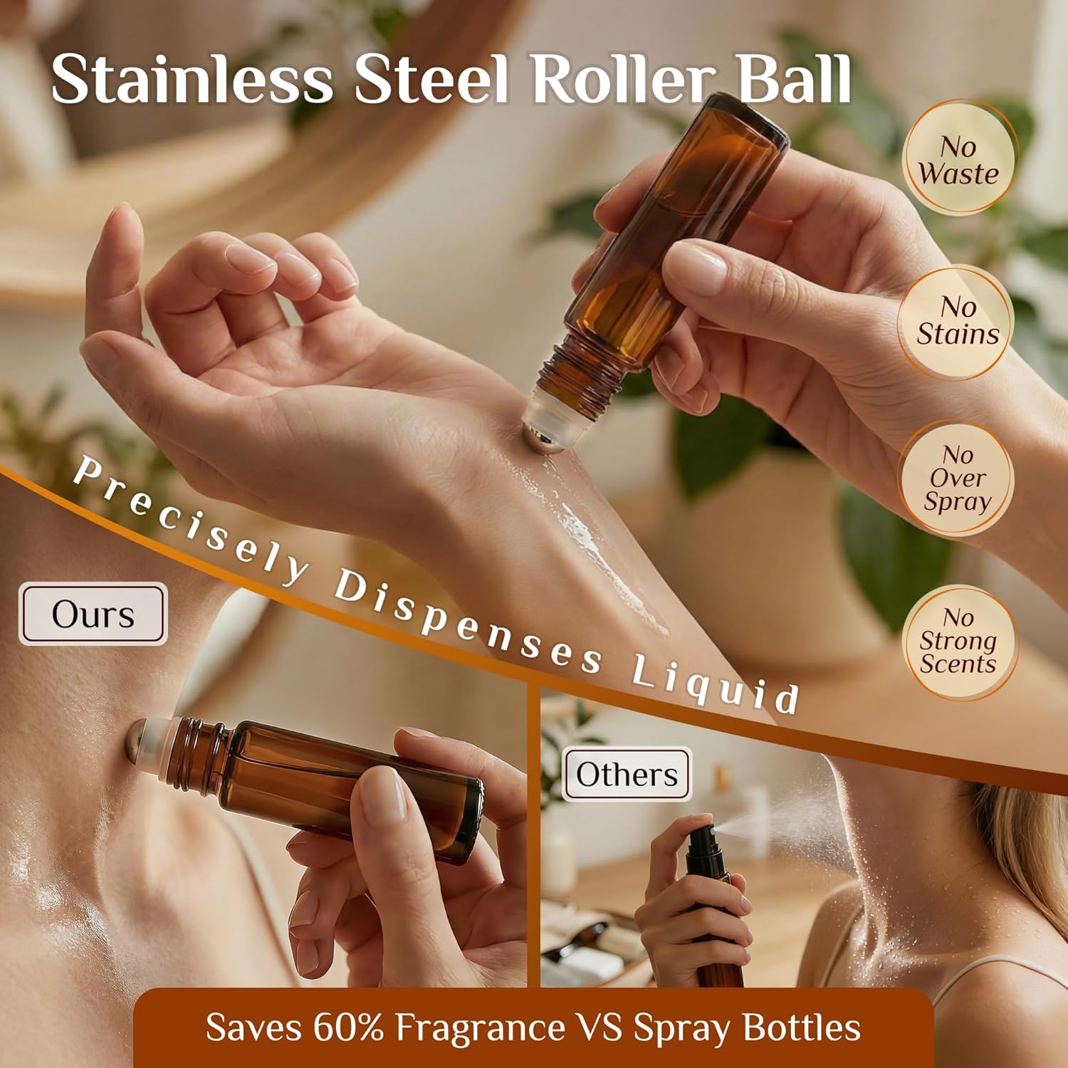 PrettyCare 12 Pack, 10 ml Essential Oil Roller Bottles with Stainless Steel Roller Ball - Refillable Leak-proof Empty Thick Amber Glass Roll on Bottles with Metal Caps for Travel, Perfume - Image 8