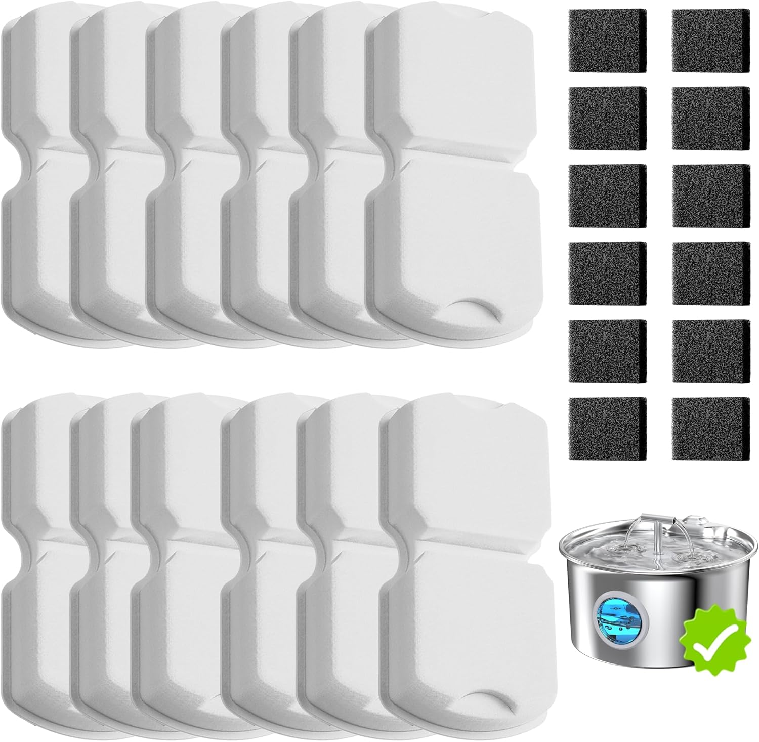Cat Water Fountain Filter: 24 Pet Fountain Replacement Screen for Stainless Steel - 12 Carbon Filters & 12 Foam Filters - Suitable for Cat Water Fountain Stainless Steel S17