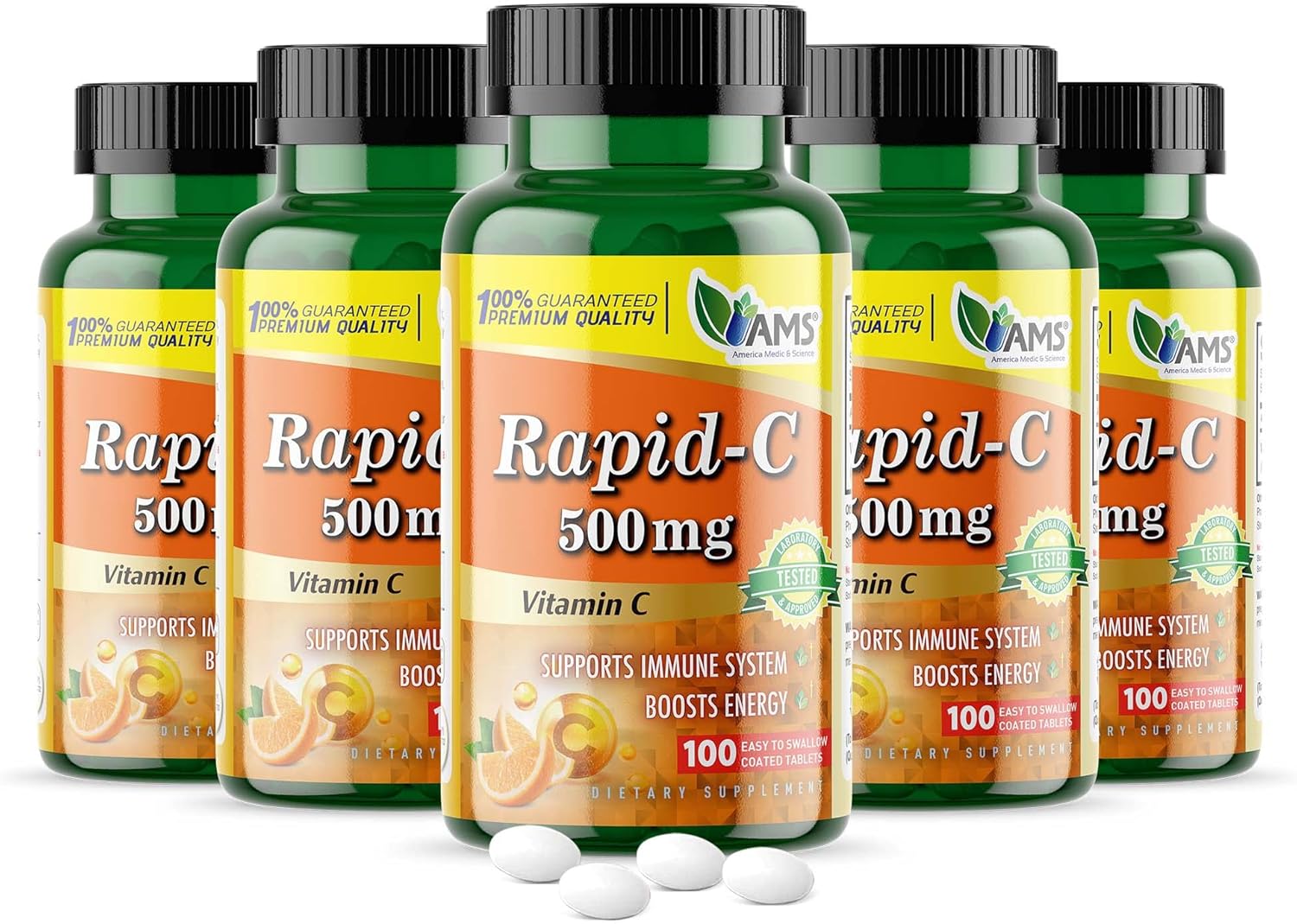America Medic & Science Rapid-C 500mg Vitamin C Supplement 500 Tablets (5 Pack of 100 Tablets) Daily Immune System Support, Antioxidant | Vegan, Non-GMO Coated Ascorbic Acid for Adult Men & Women
