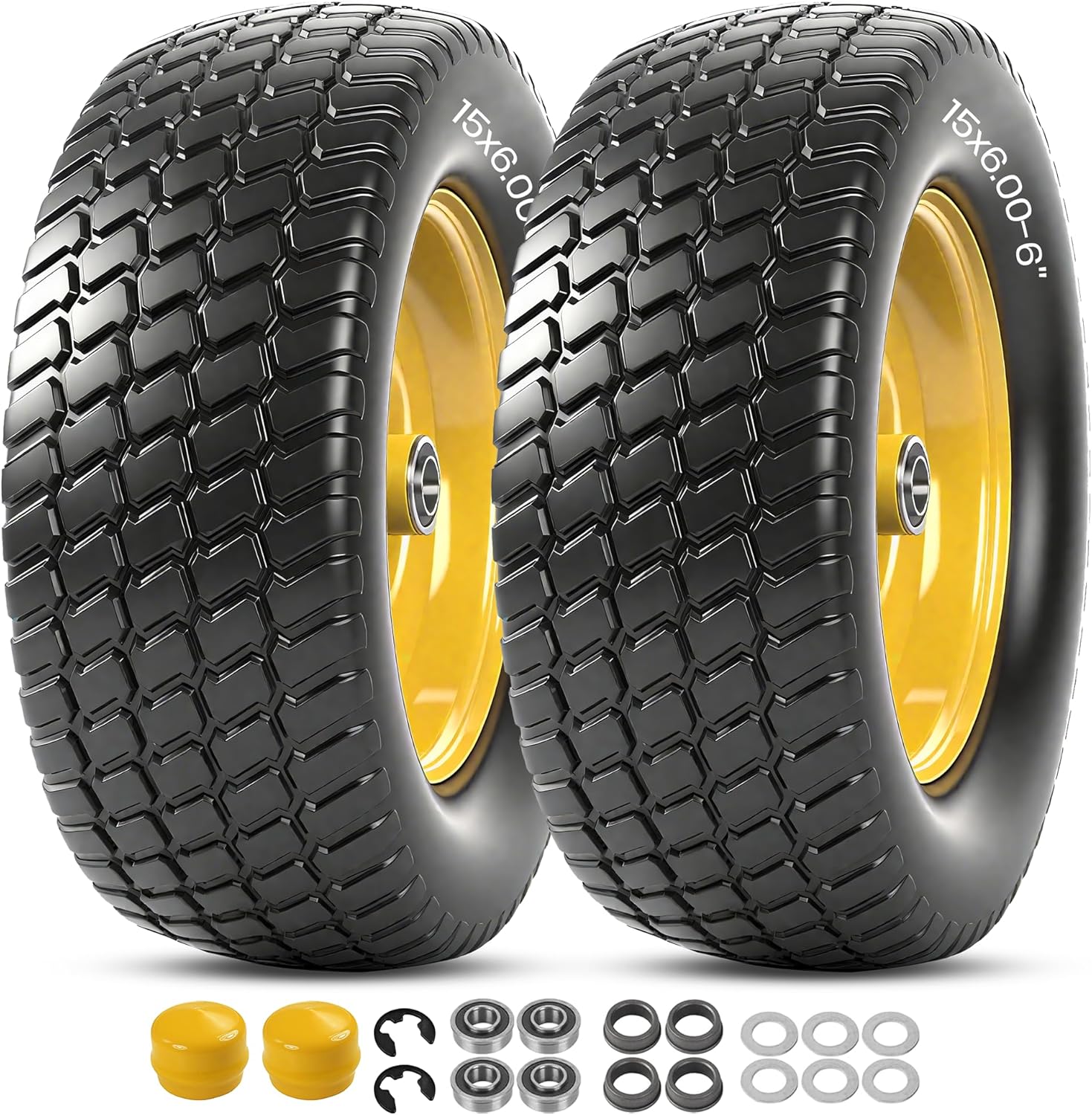 AR-PRO (2 Pack) 15x6.00-6 Flat Free Tire and Wheel, Solid Lawn Mower Front Tires with 3" Centered Hub, 3/4" & 5/8" Bearings & 1" Bushings, Compatible with John Deere Riding Mower Lawn Tractor