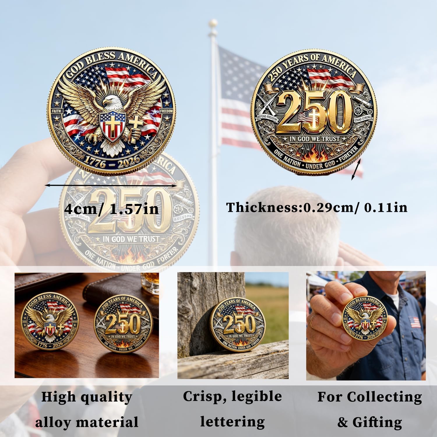 2 Pack 250th Anniversary USA Commemorative Coin, 250th US Independence Anniversary Challenge Coin - 1776-2026, 250 Year American AnniversaryCoins Gift (in God We Trust) - Image 4