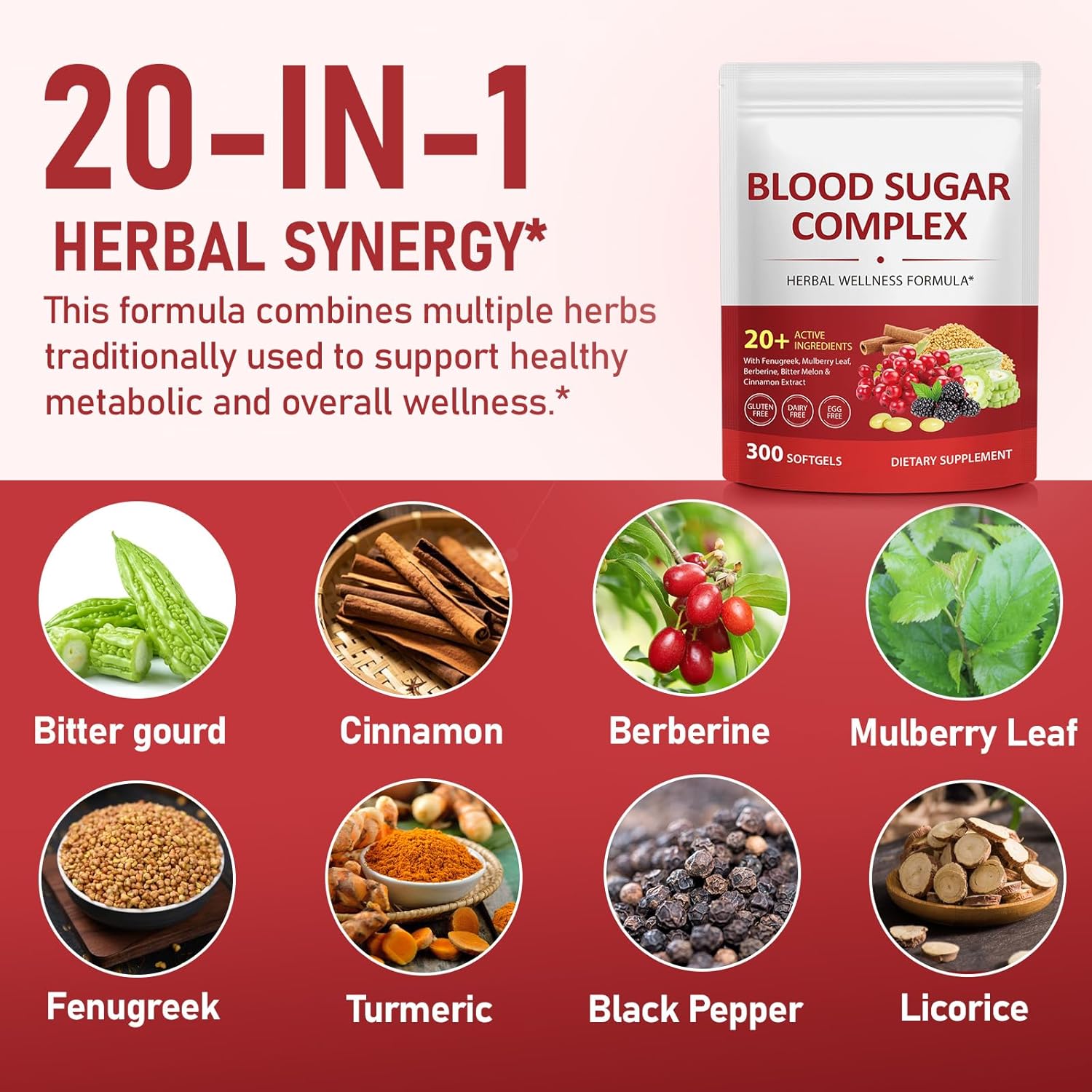 300 Softgels Blood Sugar Complex Supplement | 20+ Active Herbs-Berberine, Cinnamon, Bitter Melon, Mulberry Leaf, Fenugreek, Vitamins for Energy Level, Vitality Support | Clean Formula - Image 2