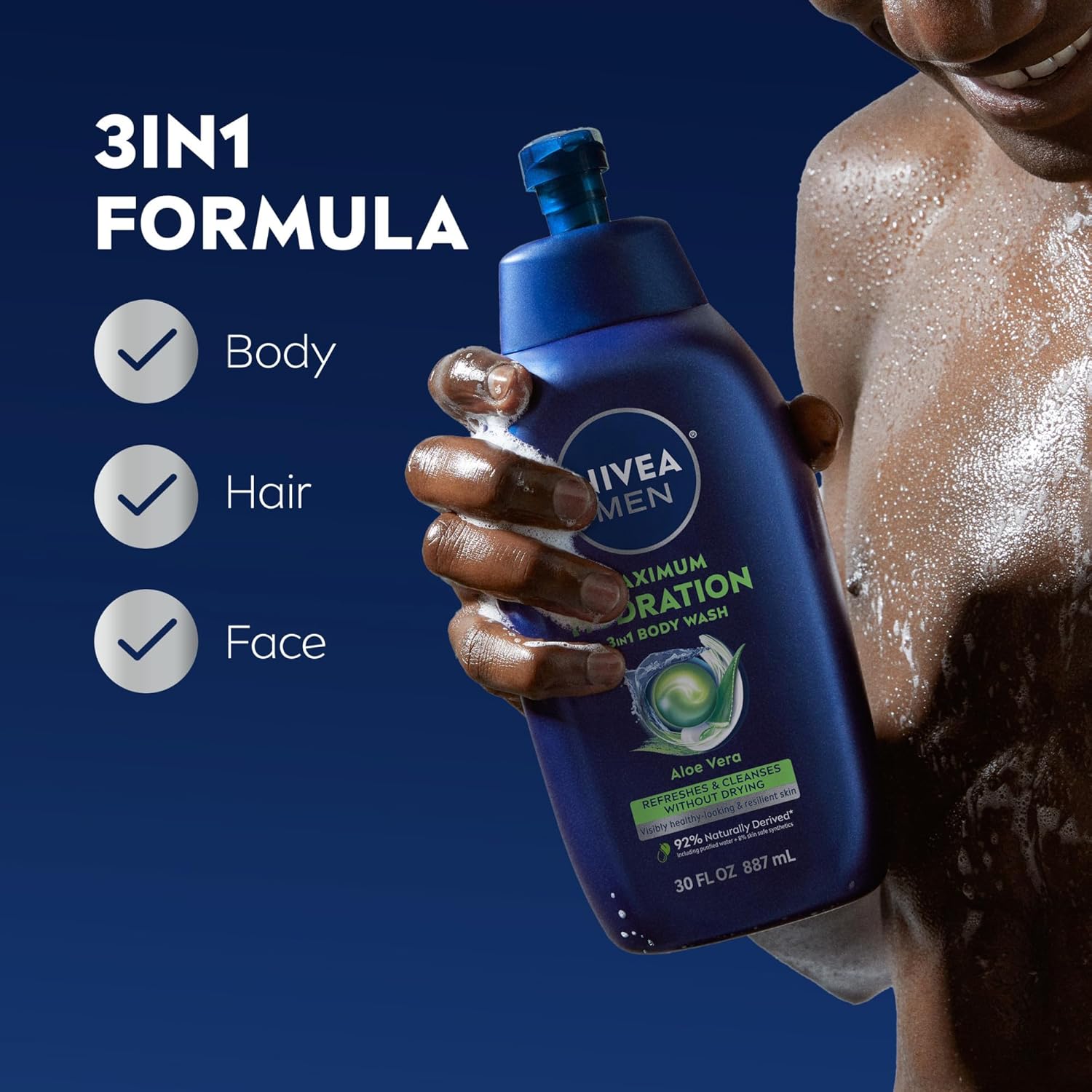 Nivea Men Maximum Hydration Body Wash for Dry Skin, Aloe Vera Enriched, 3-in-1 Moisturizing Body Wash, Face and Hair, Paraben Free, Vegan Formula, 30 Fl Oz Bottle - Image 3