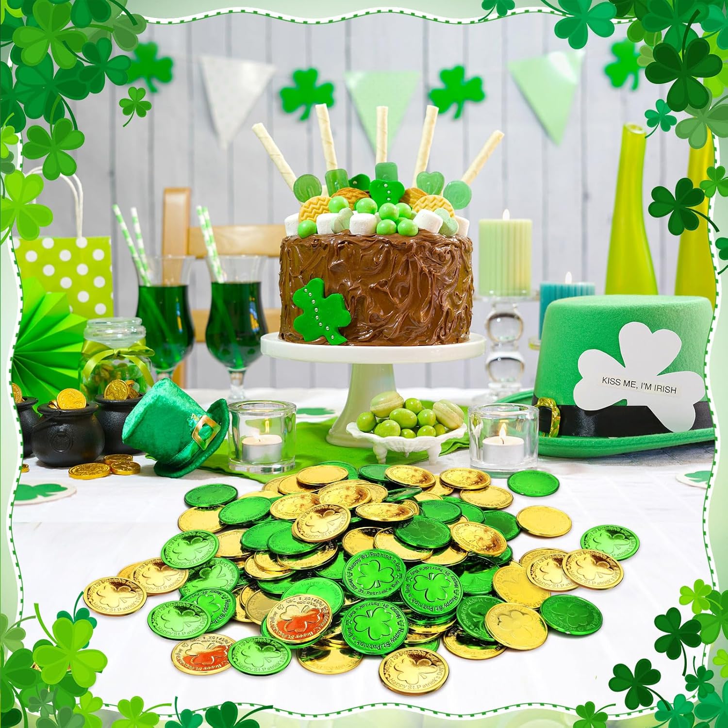 120 PCS St. Patrick’s Day Shamrock Coins, Gold and Green Plastic Lucky Coins, 3-Leaf Clover Coin for Patrick’s Day Decoration and Irish Themed Party Favors - Image 6