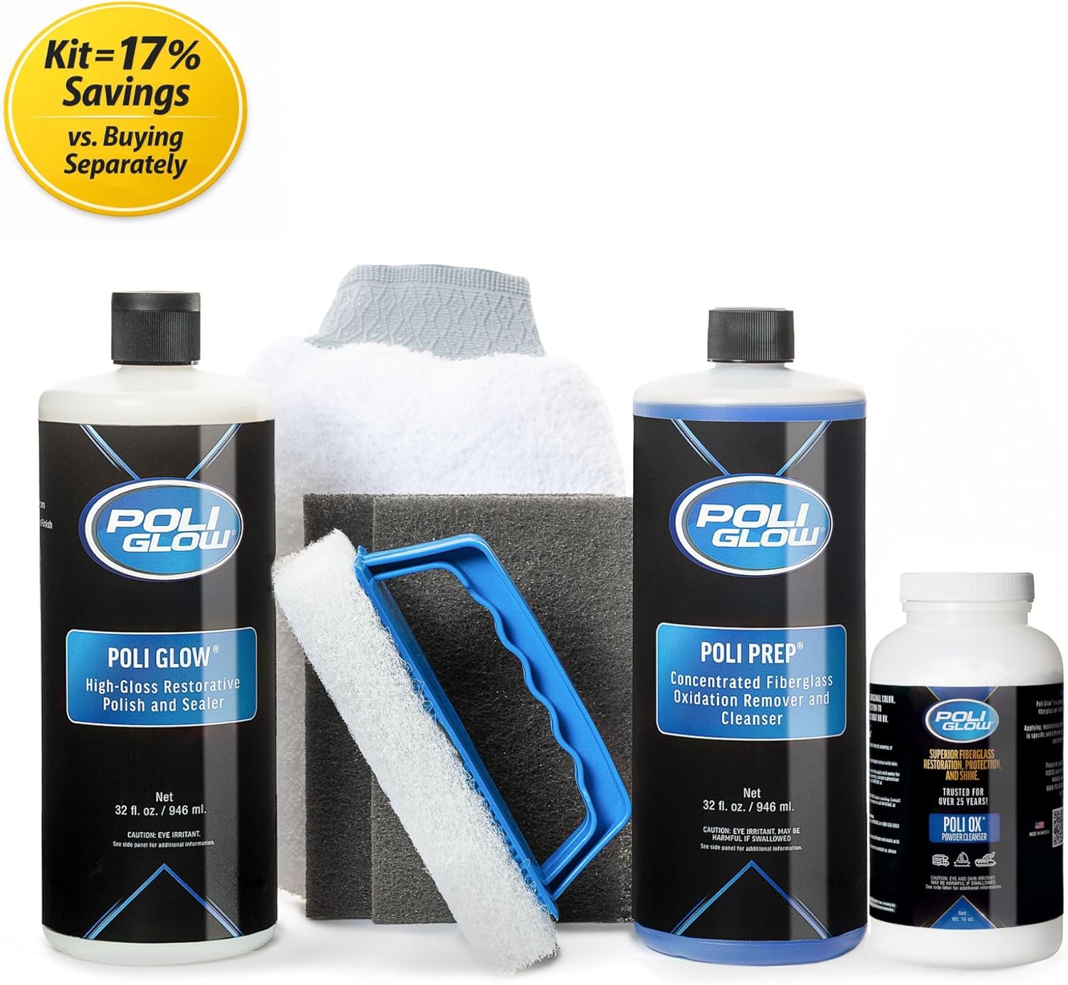 Poli Glow Deluxe Boat & RV Restoration Kit–Removes Oxidation, Seals & Protects–Restores High-Gloss Shine to Fiberglass & Gelcoat–New Liquid or Classic Powder Poli Ox–Easy, Long-Lasting 6-in-1 System - Image 2