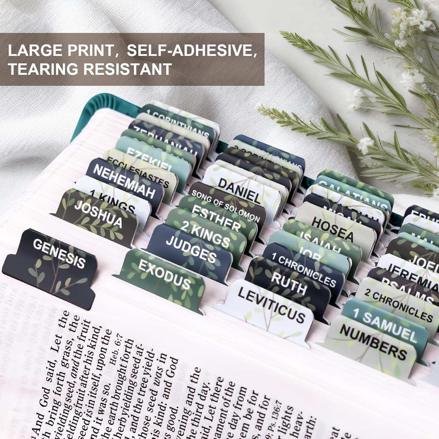 Laminated Bible Tabs for Women & Men - Large Print Tabs for Study Bibles, Boho Theme for Easy Navigation and Quick Reference - Easy-to-Read and Apply Tabs for All Ages, Leaves Pattern - Image 5