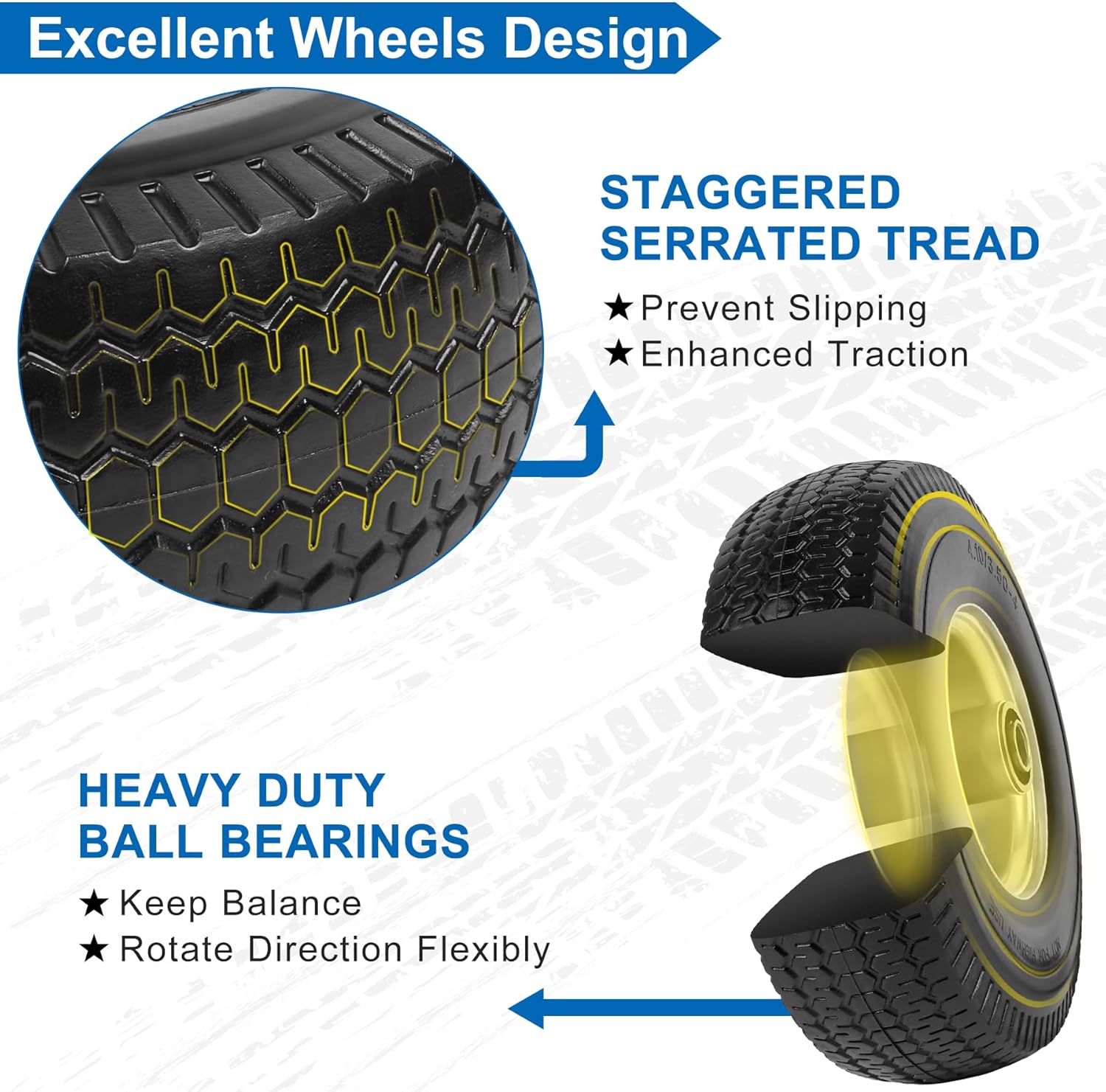 4.10/3.50-4" Flat Free Tires, 10 Inch Solid Tires and Wheels Replacement with 5/8" Axle Bore Hole, 2.2" Offset Hub for Hand Truck, Garden Cart, Lawn Cart, Wheelbarrow, 2 Pack - Image 4