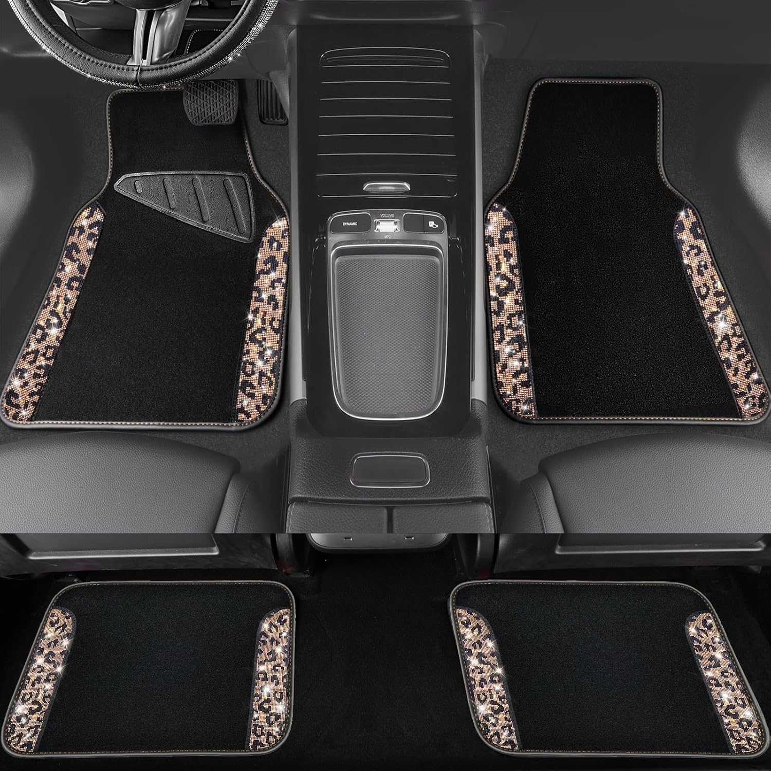 CAR PASS Bling Diamond Car Floor Mats, Shining Rhinestone Carpet Sparkly Glitter Crystal with Anti-Slip PVC Heel Pad Waterproof Universal Fit Automotive SUV,Sedan,Van,Cute Girl Women,4pcs Gold Leopard - Image 6