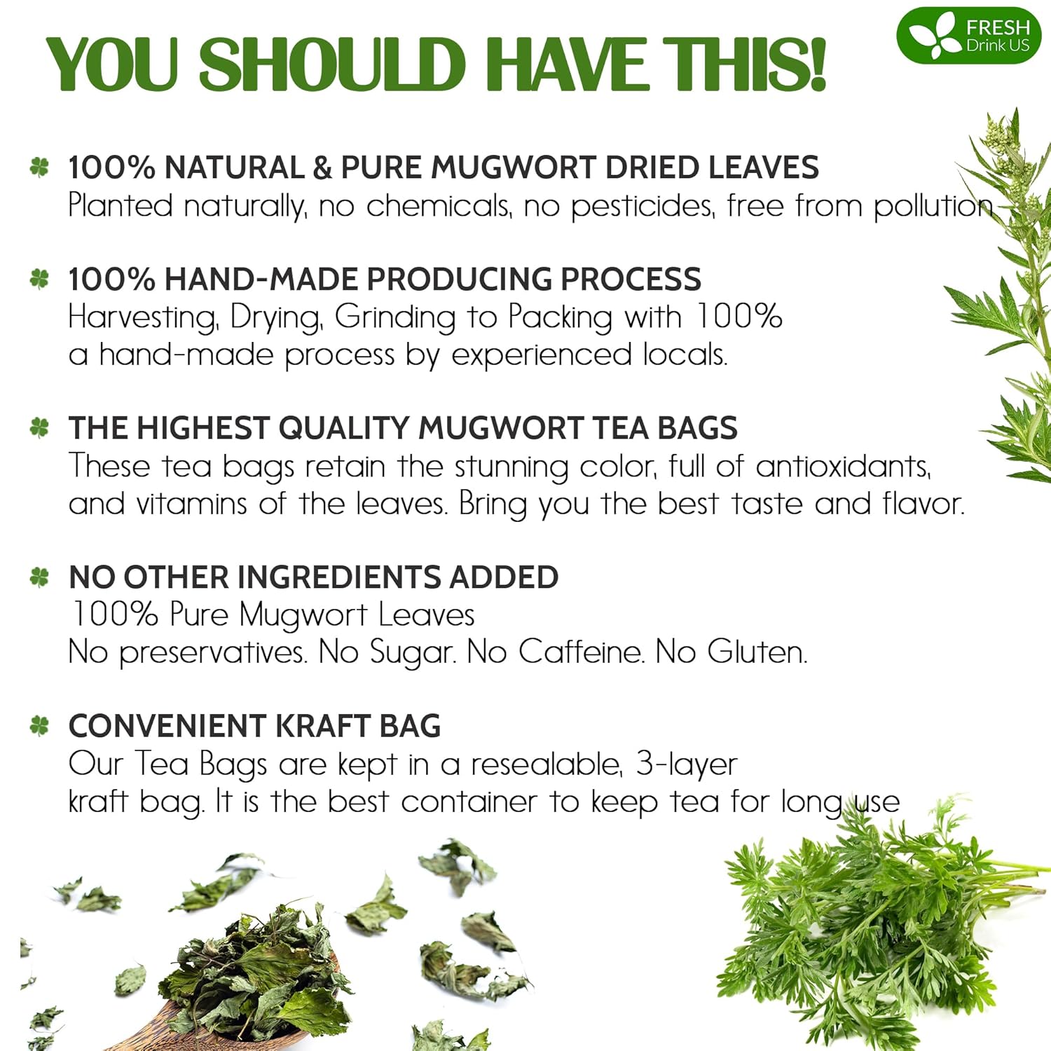 FreshDrinkUS, Premium 45 Mugwort Leaf Tea Bags, 100% Natural and Pure Mugwort Leaves. No Sugar, No Caffeine, No Gluten, Vegan. (45 Tea Bags) - Image 3