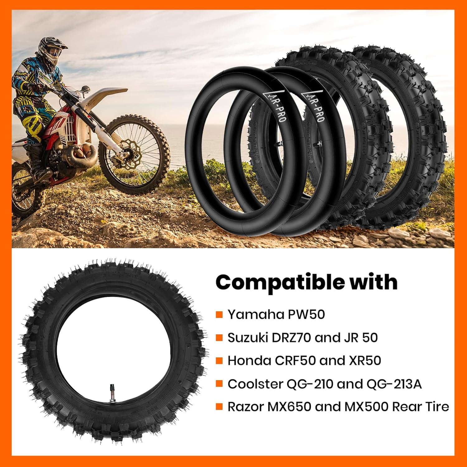 (2 Set) 2.5-10" Off-Road Tire and Inner Tube Set - Dirt Bike Tire with 10-Inch Rim and 2.5/2.75-10 Dirt Bike Inner Tube Heavy Duty Compatible with Honda CRF50/XR50, Suzuki DRZ70/JR50 and Yamaha PW50 - Image 5