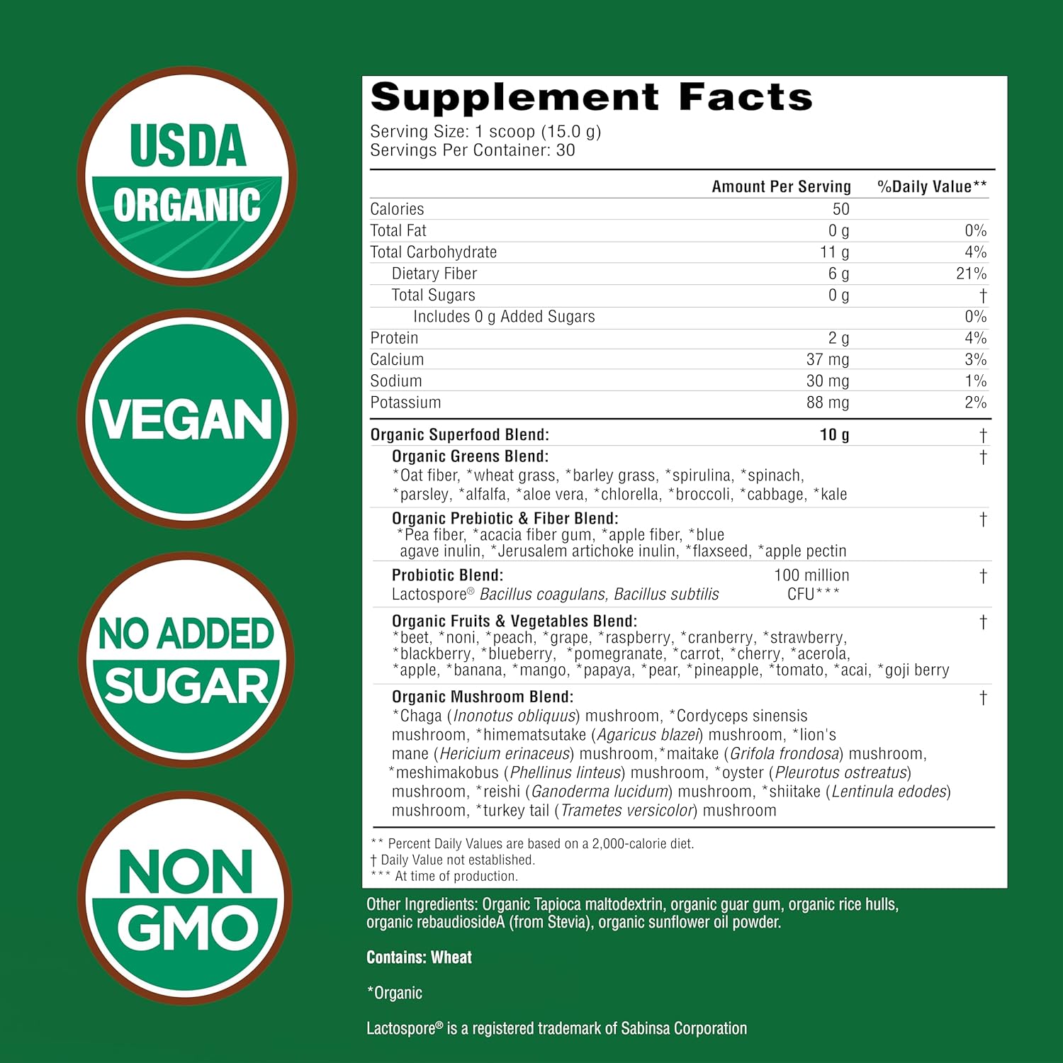 Country Farms Super Greens Natural Flavor, 50 Organic Super Foods, USDA Organic Drink Mix (Wheat Grass, Spirulina, Chlorella) Mushrooms & Probiotics, Fiber, Gut Health, Natural Energy, 30 Servings - Image 2