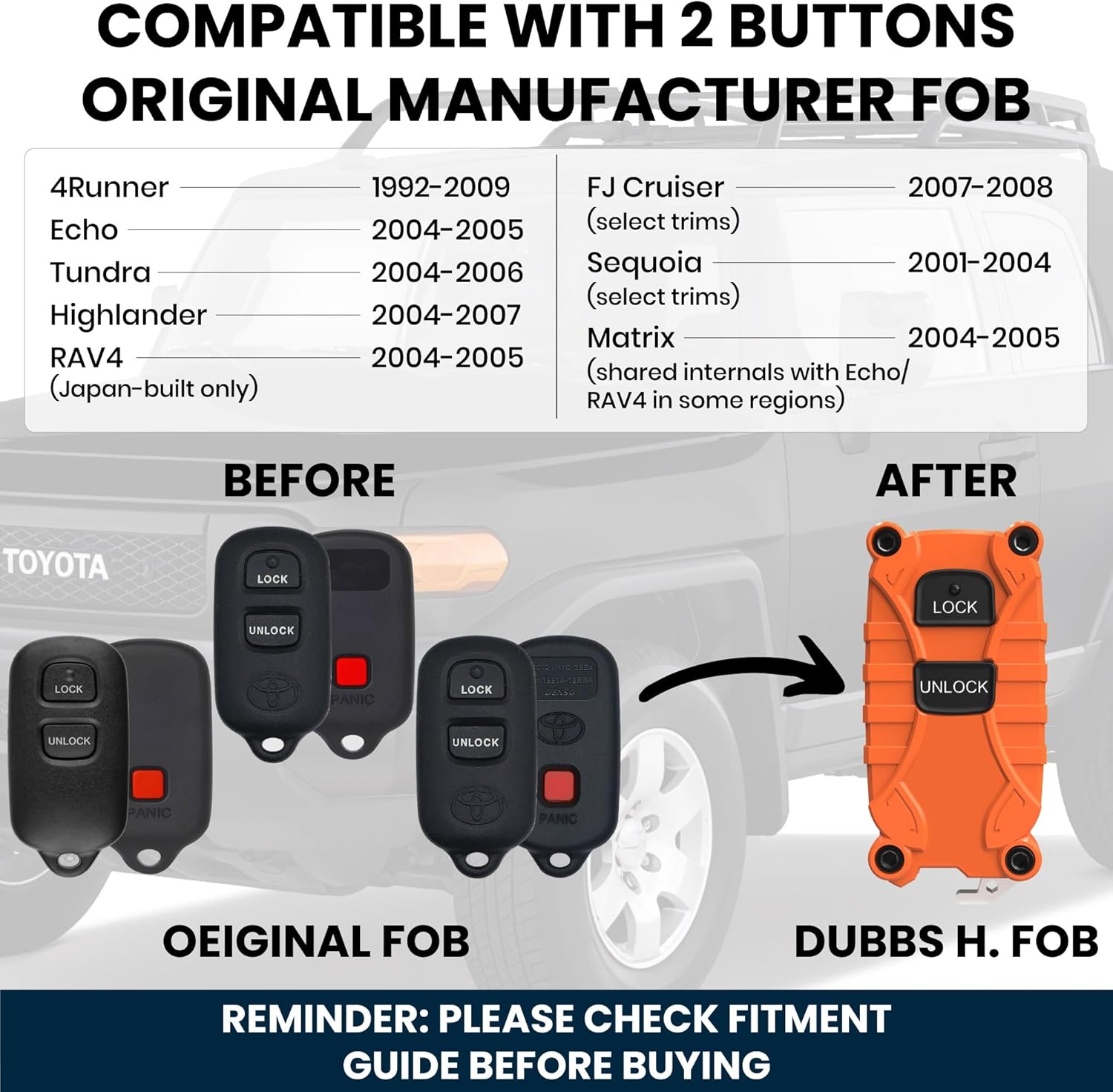 Toyota Key Fob Case Replacement for 4Runner 1992-2009, Tundra 2004-2006, Highlander 2004-2007, Rav4 2004-2005, FJ Cruiser 2007-2008 - (Blaze Orange, 2 Button) - Image 5