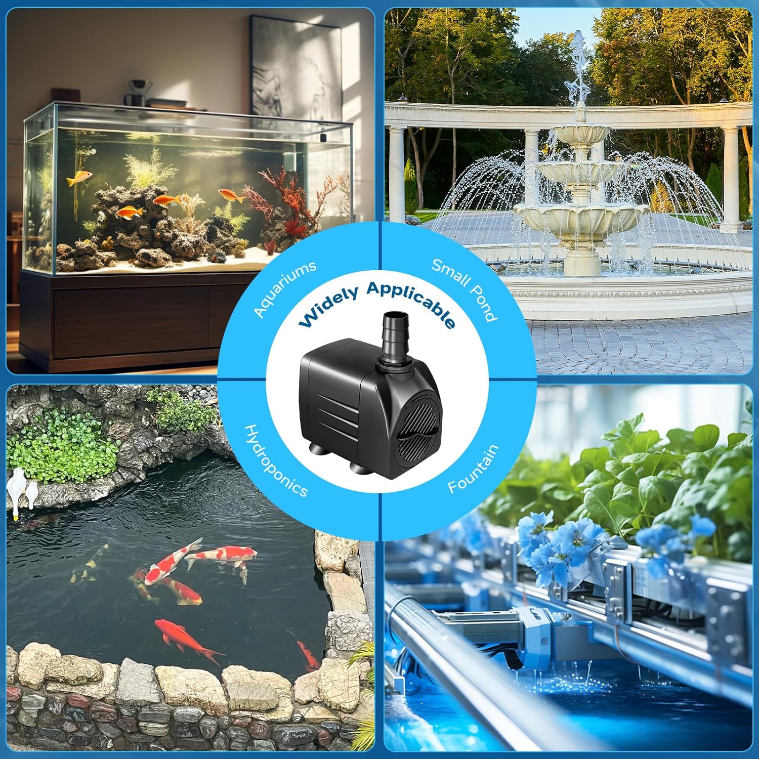 220GPH (800L/H) Submersible Pump 15W, Ultra-Quiet Water Fountain Pump with Adjustable Flow, 5.25ft High Lift & 3.9ft Power Cord, Includes 3 Nozzles for Aquarium, Pond, Hydroponics, Statuary - Image 6