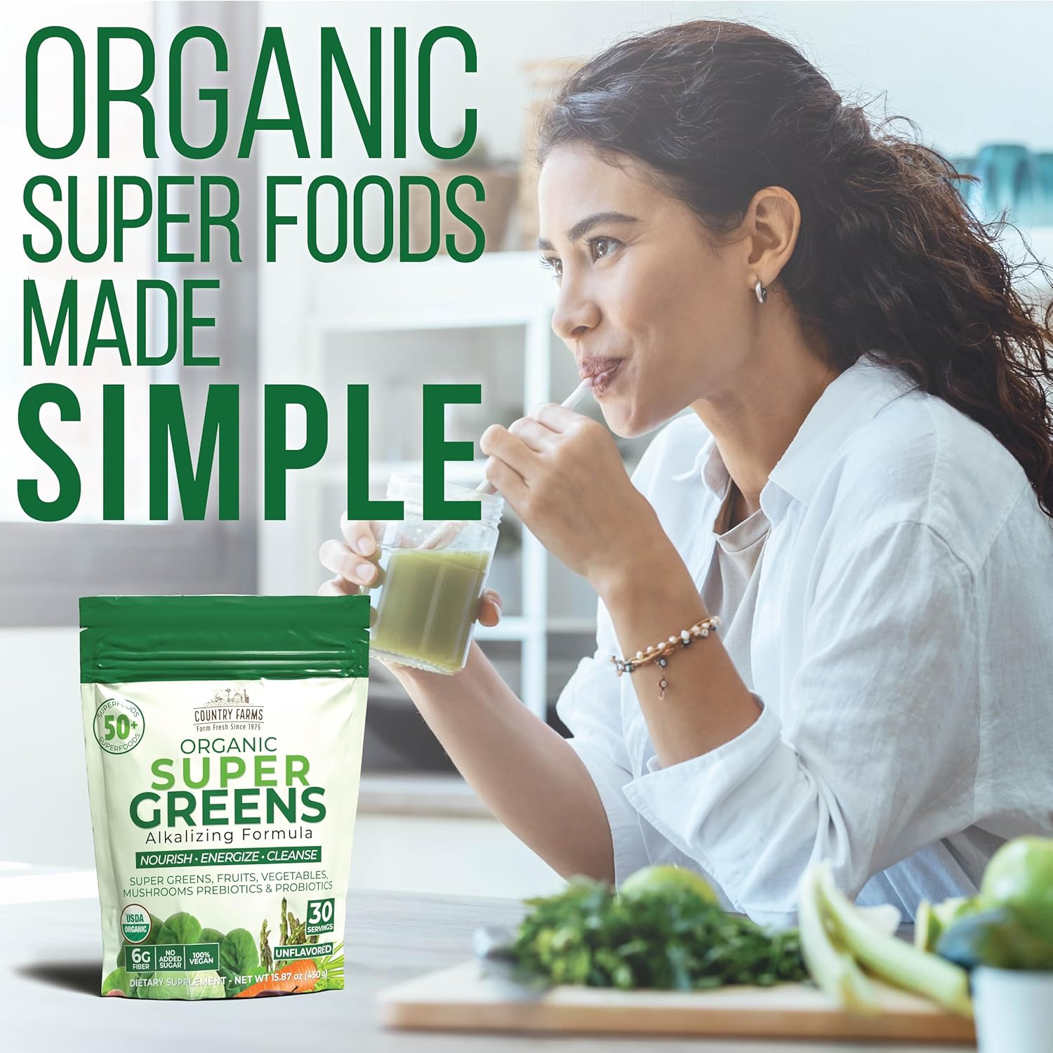 Country Farms Super Greens Natural Flavor, 50 Organic Super Foods, USDA Organic Drink Mix (Wheat Grass, Spirulina, Chlorella) Mushrooms & Probiotics, Fiber, Gut Health, Natural Energy, 30 Servings - Image 4