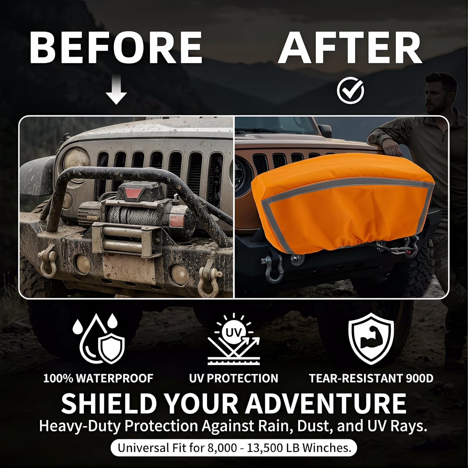 Badlands Winch Cover 12000 Lb Waterproof, winch accessories, High Durability Heavy Duty Oxford Fabric Dust Prevention Sunproof with Reflective Ribbon for Electric Winch (Orange) - Image 4