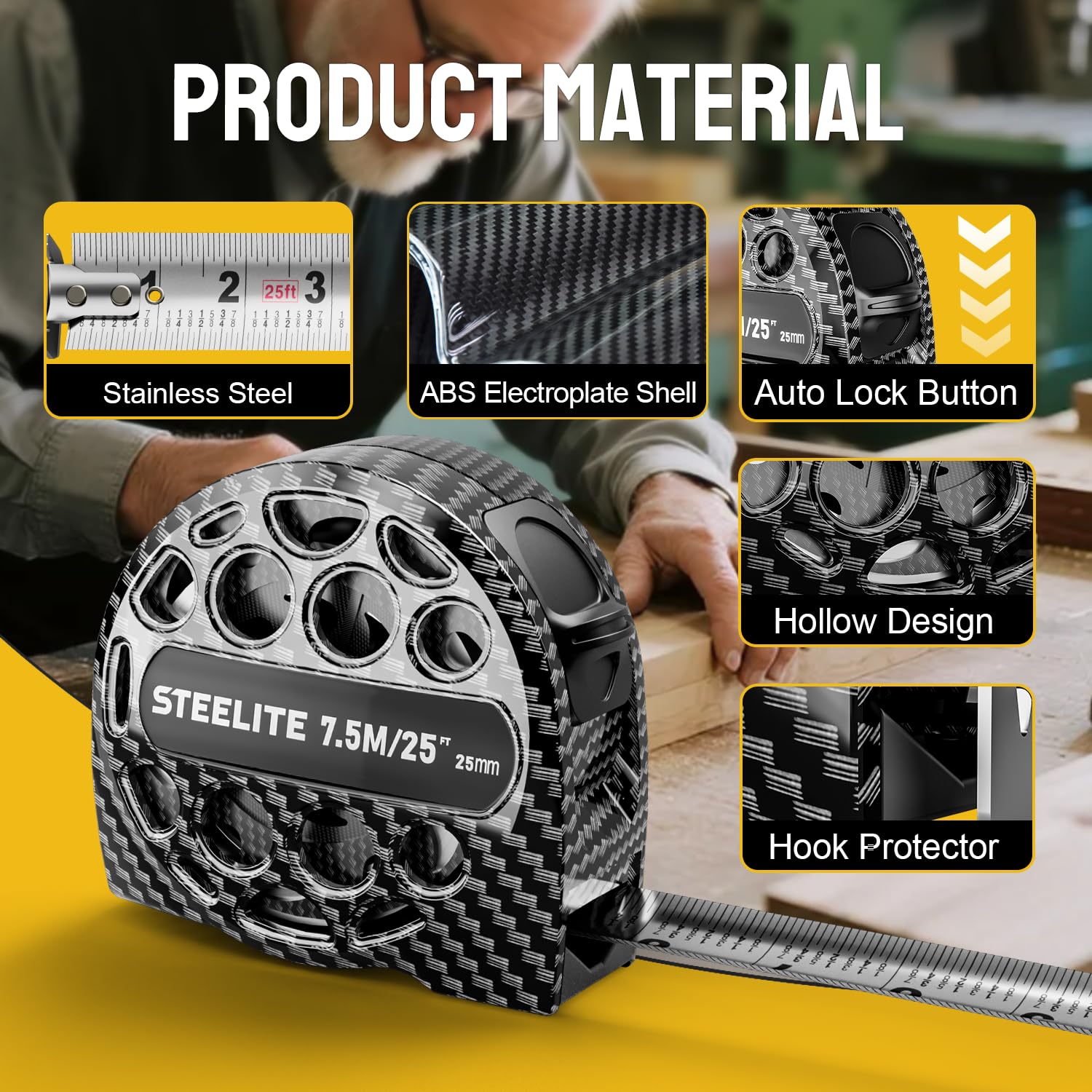 STEELITE Tape Measure 25'FT Stainless Steel Waterproof & Rustproof Retractable Measuring Tape with Hollow Design Carbon Fiber - Image 9